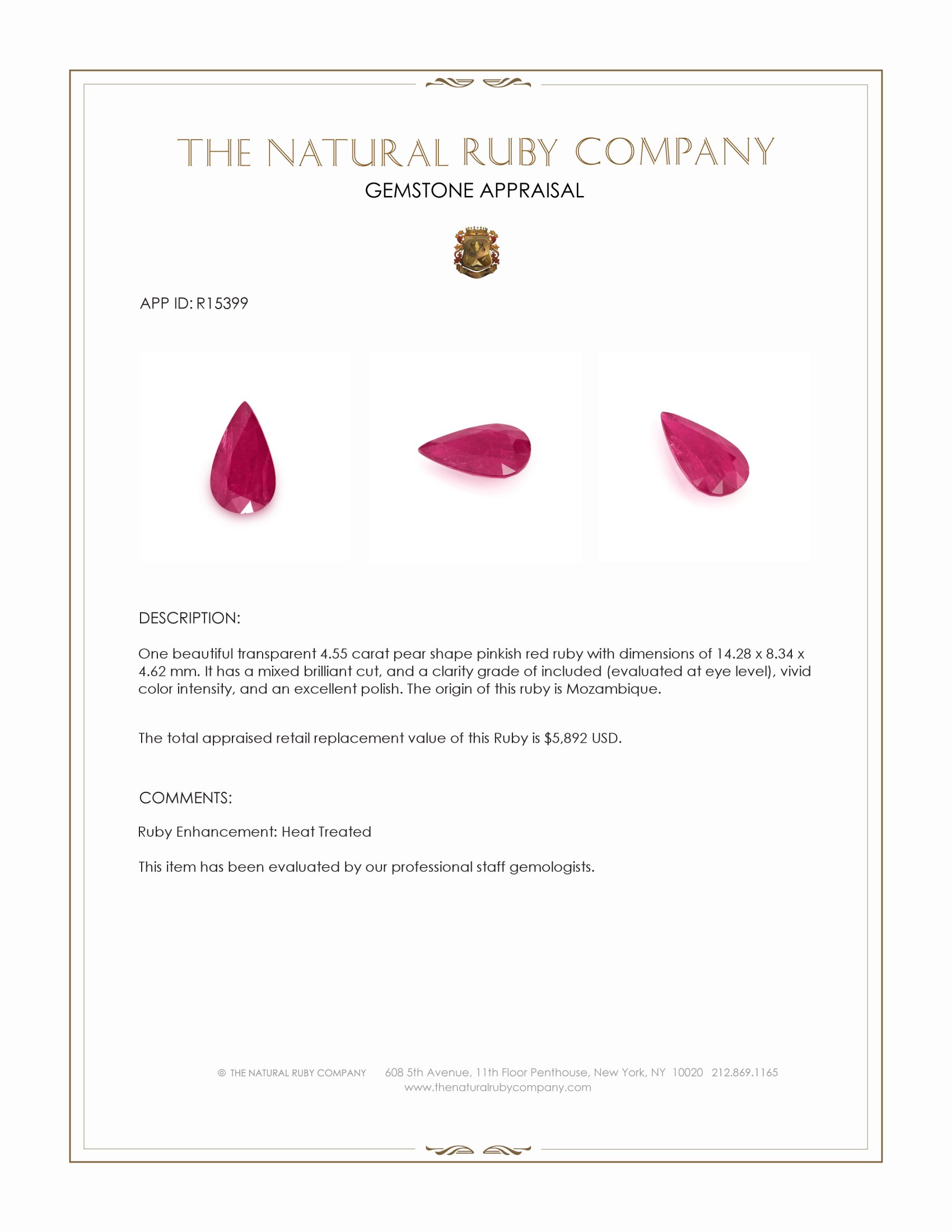 4.55 Ct. Pinkish Red Ruby from Mozambique