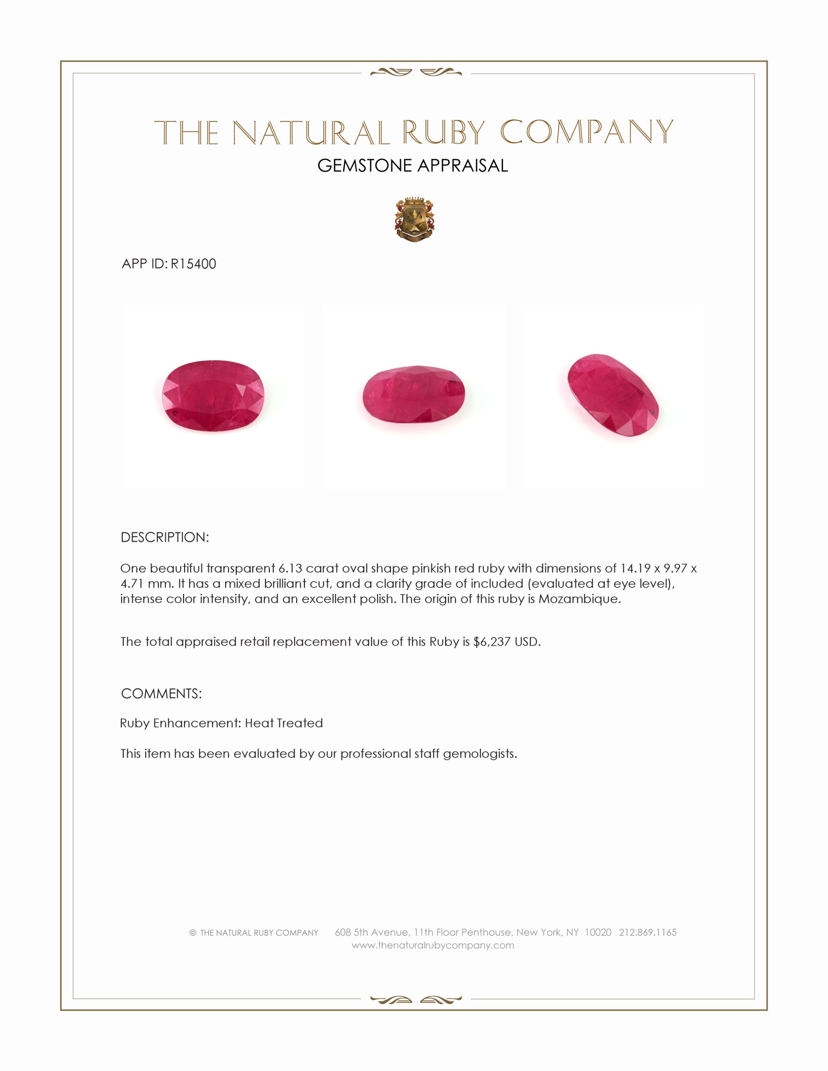 6.13 Ct. Pinkish Red Ruby from Mozambique