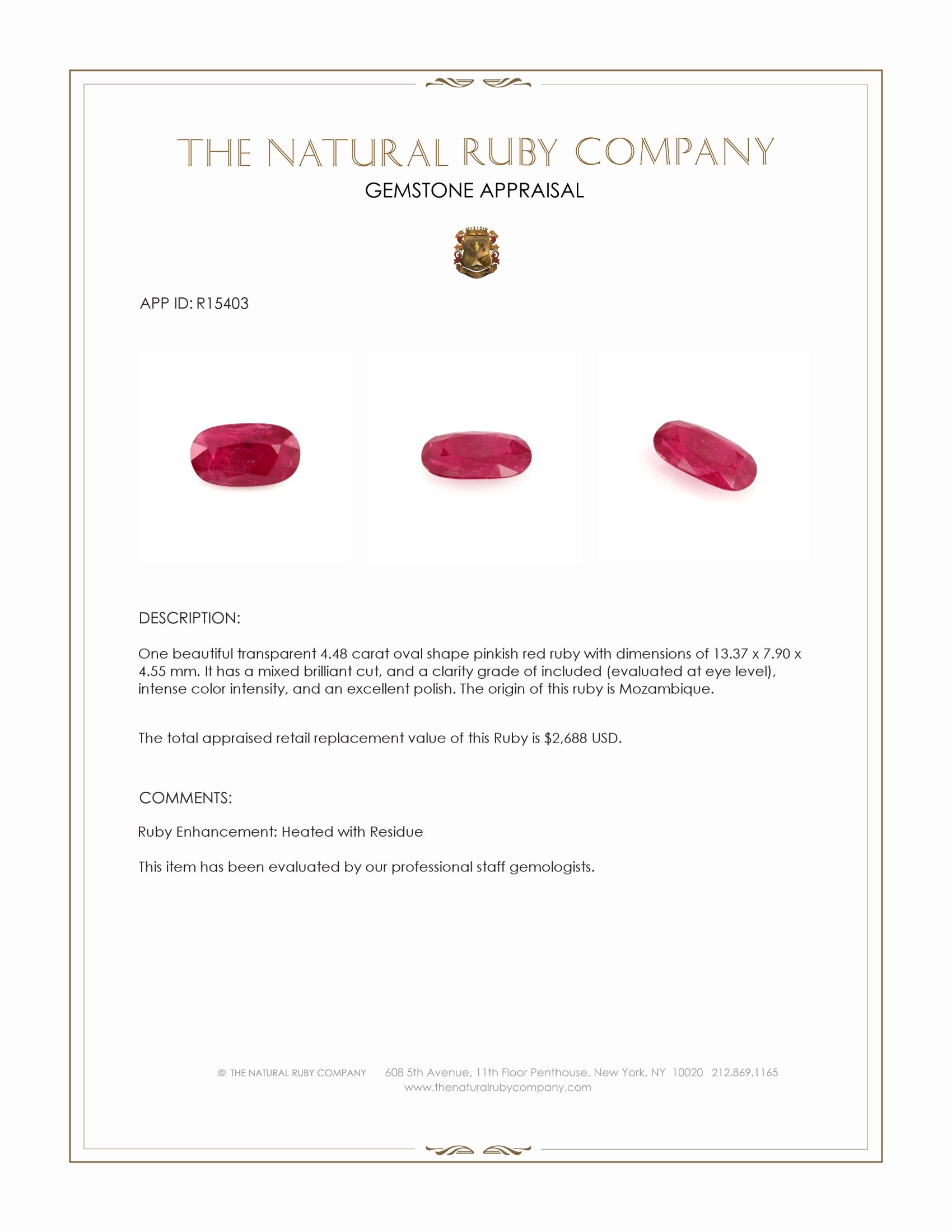 4.48 Ct. Pinkish Red Ruby from Mozambique