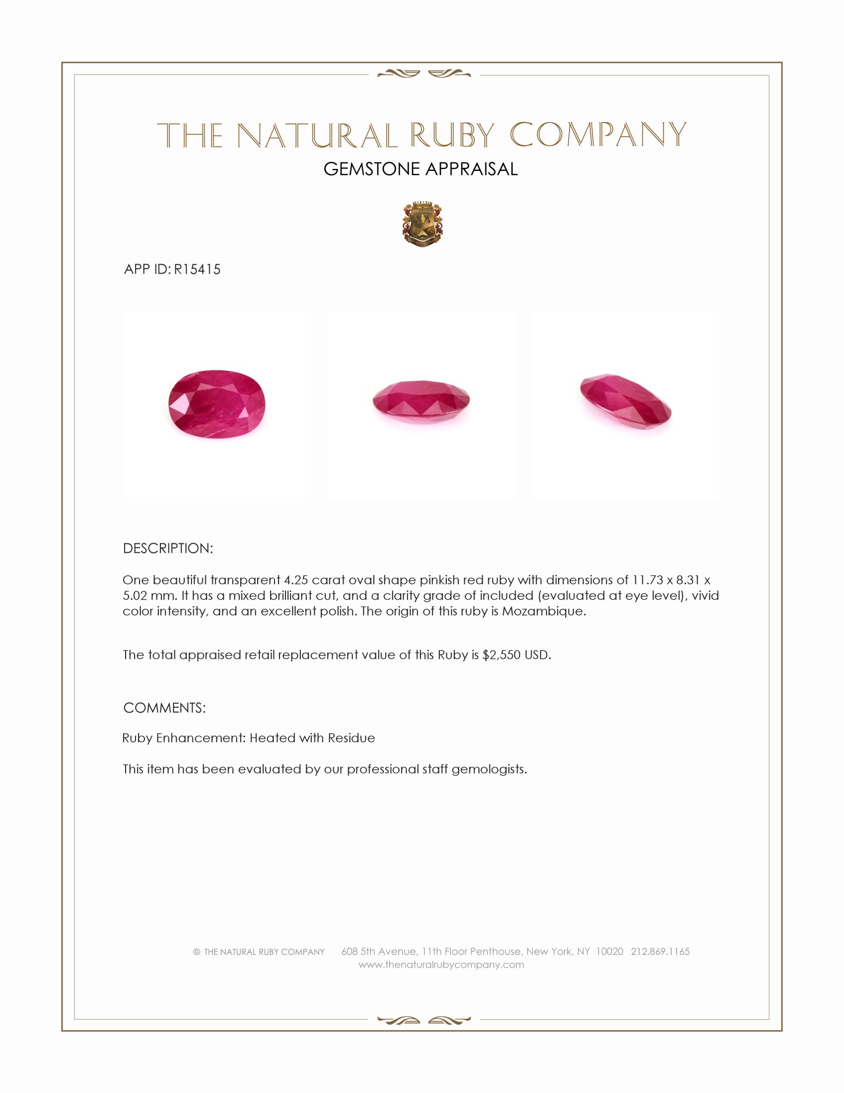 4.25 Ct. Pinkish Red Ruby from Mozambique