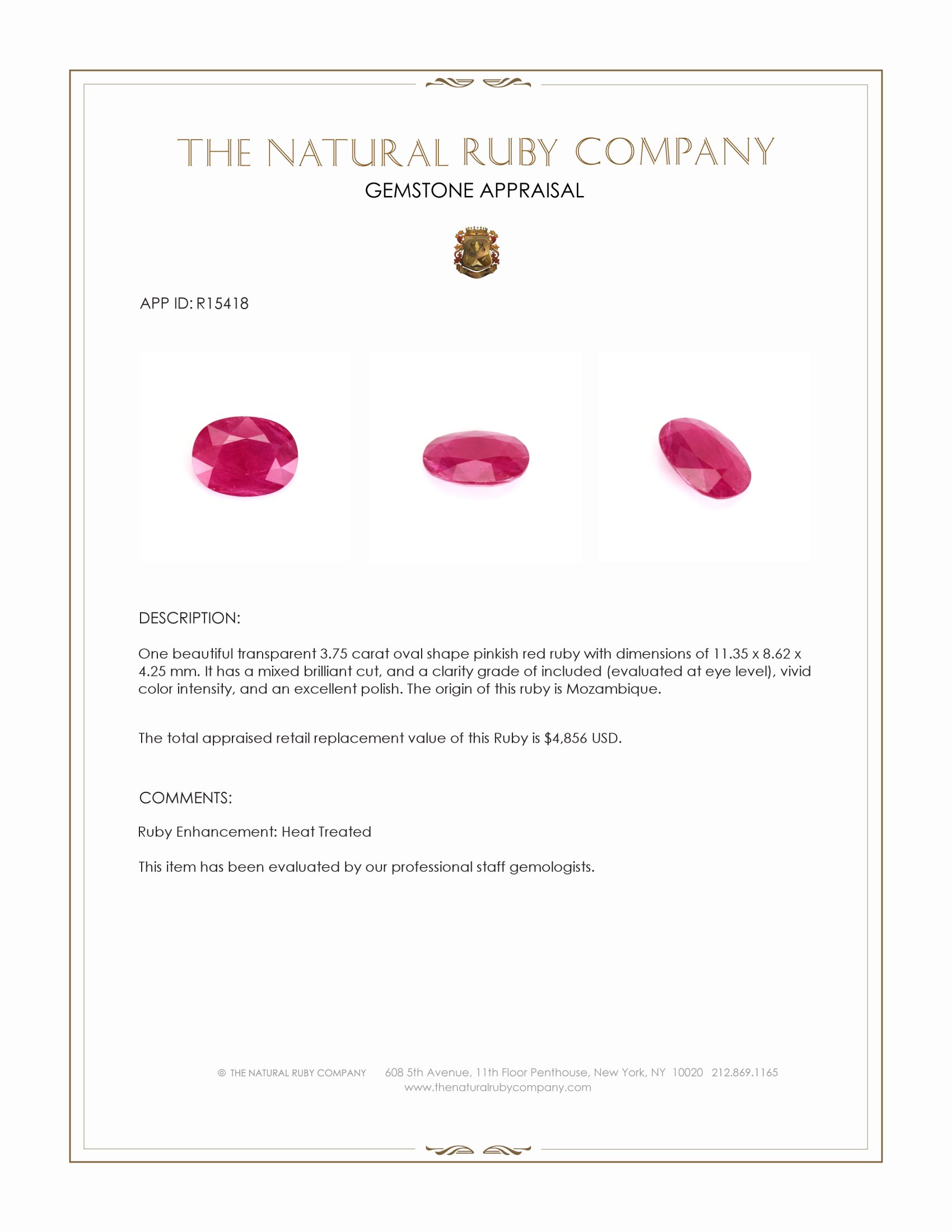 3.75 Ct. Pinkish Red Ruby from Mozambique