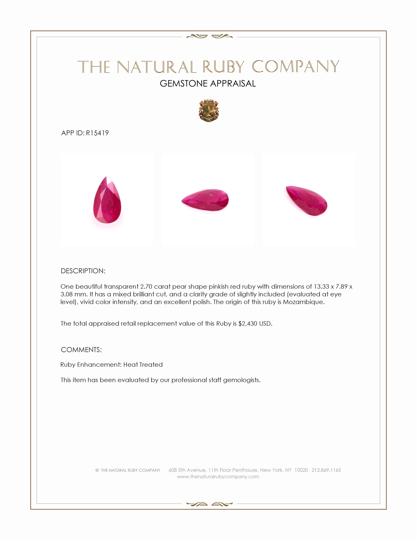 2.70 Ct. Pinkish Red Ruby from Mozambique