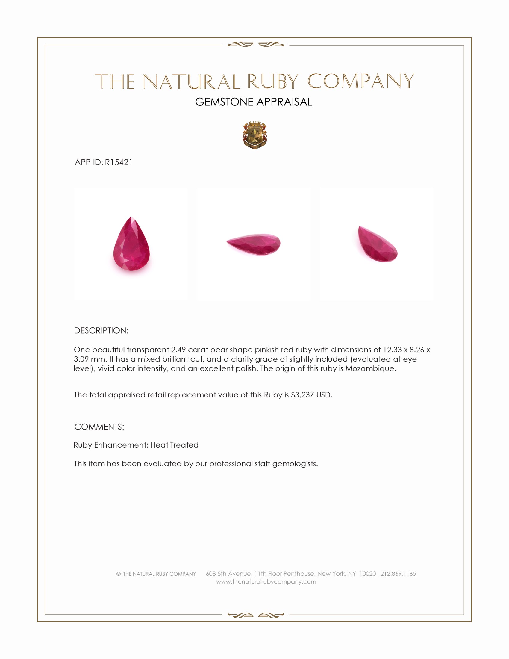 2.49 Ct. Pinkish Red Ruby from Mozambique