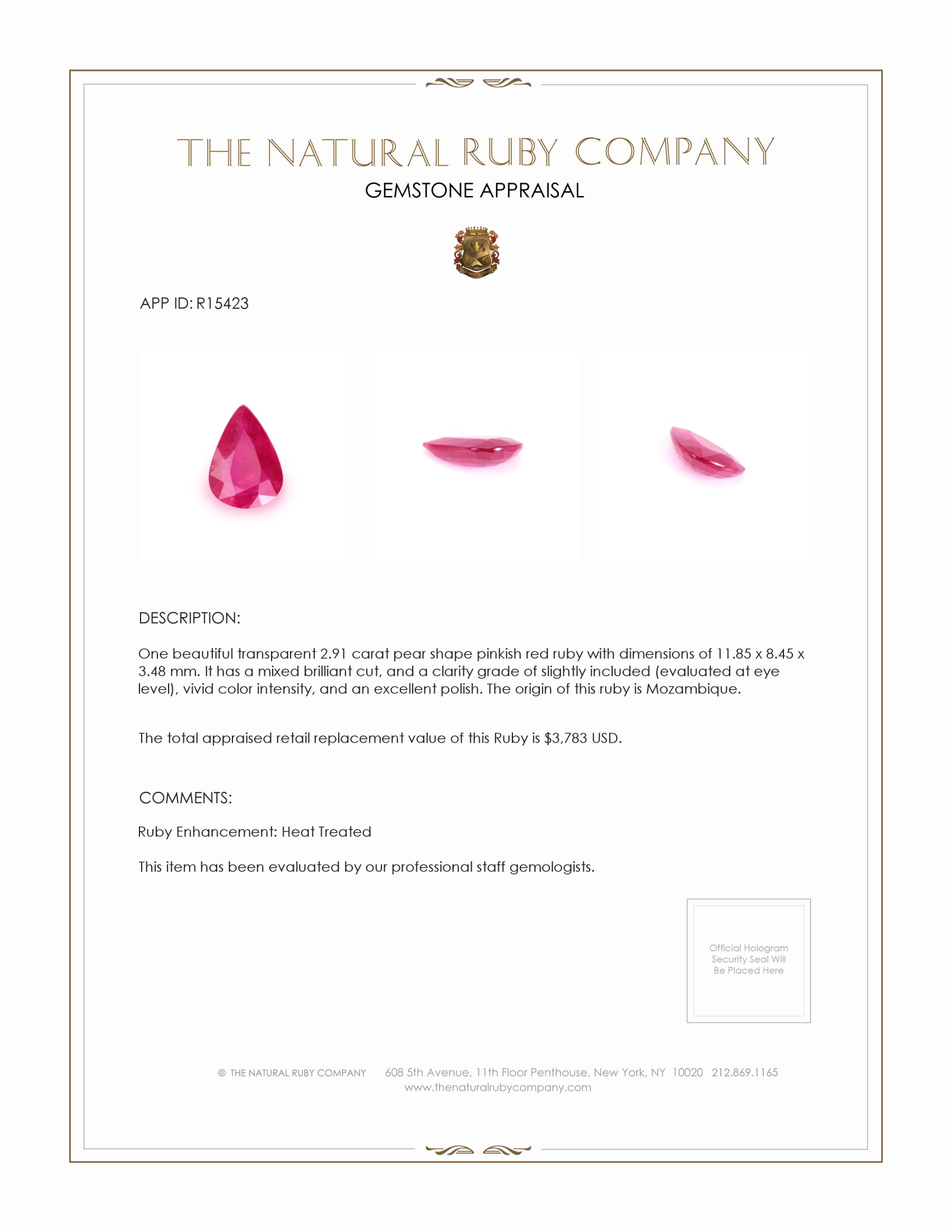 2.91 Ct. Pinkish Red Ruby from Mozambique