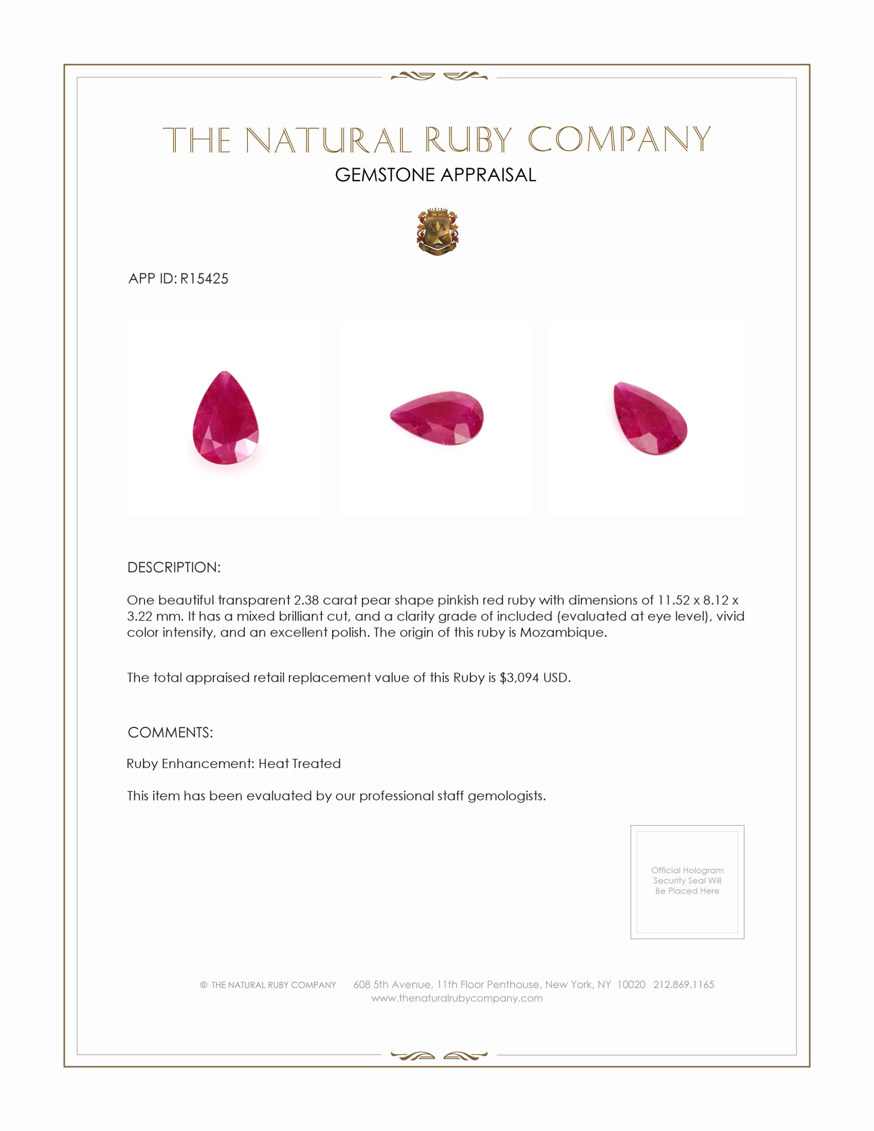 2.38 Ct. Pinkish Red Ruby from Mozambique