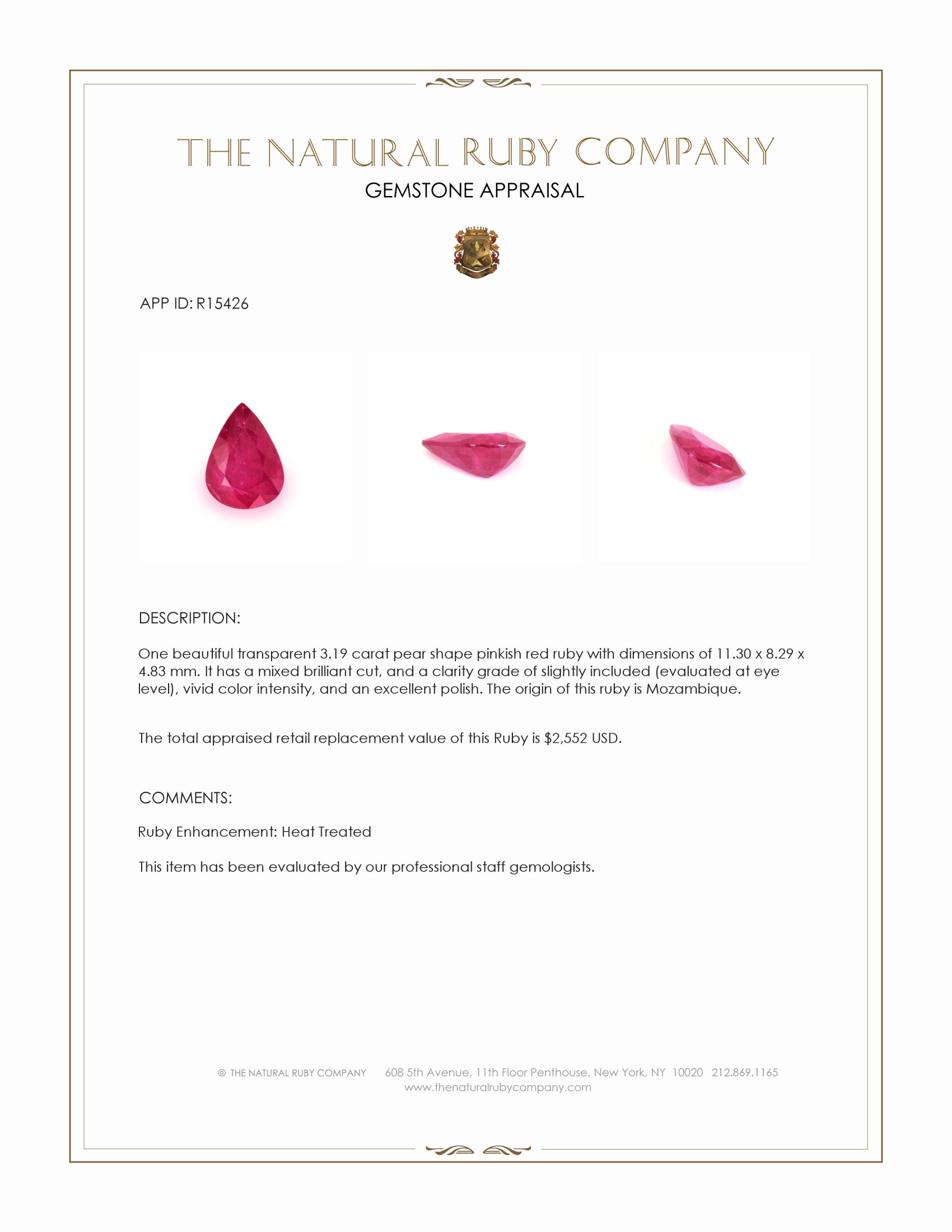 3.19 Ct. Pinkish Red Ruby from Mozambique