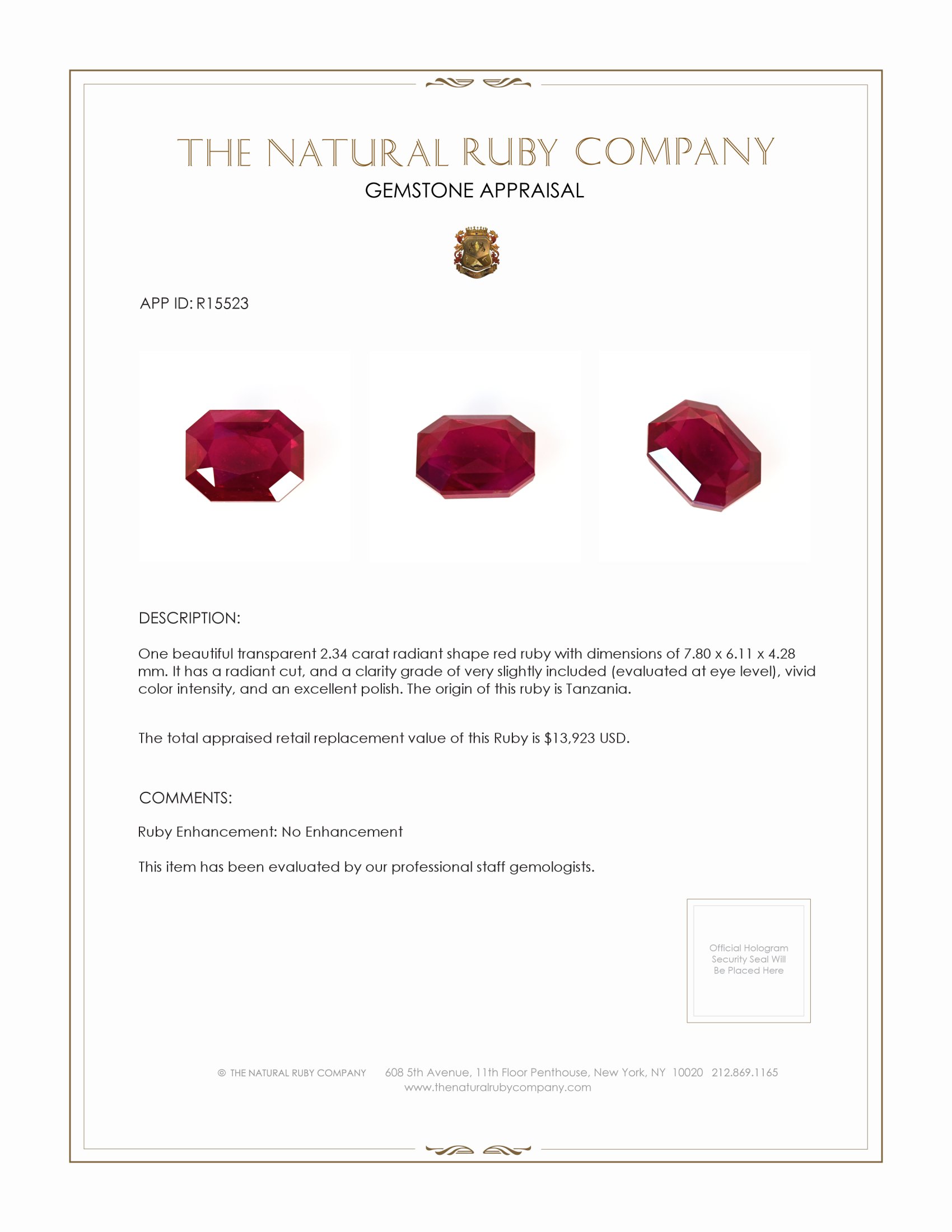 2.34 Ct. Ruby from Tanzania