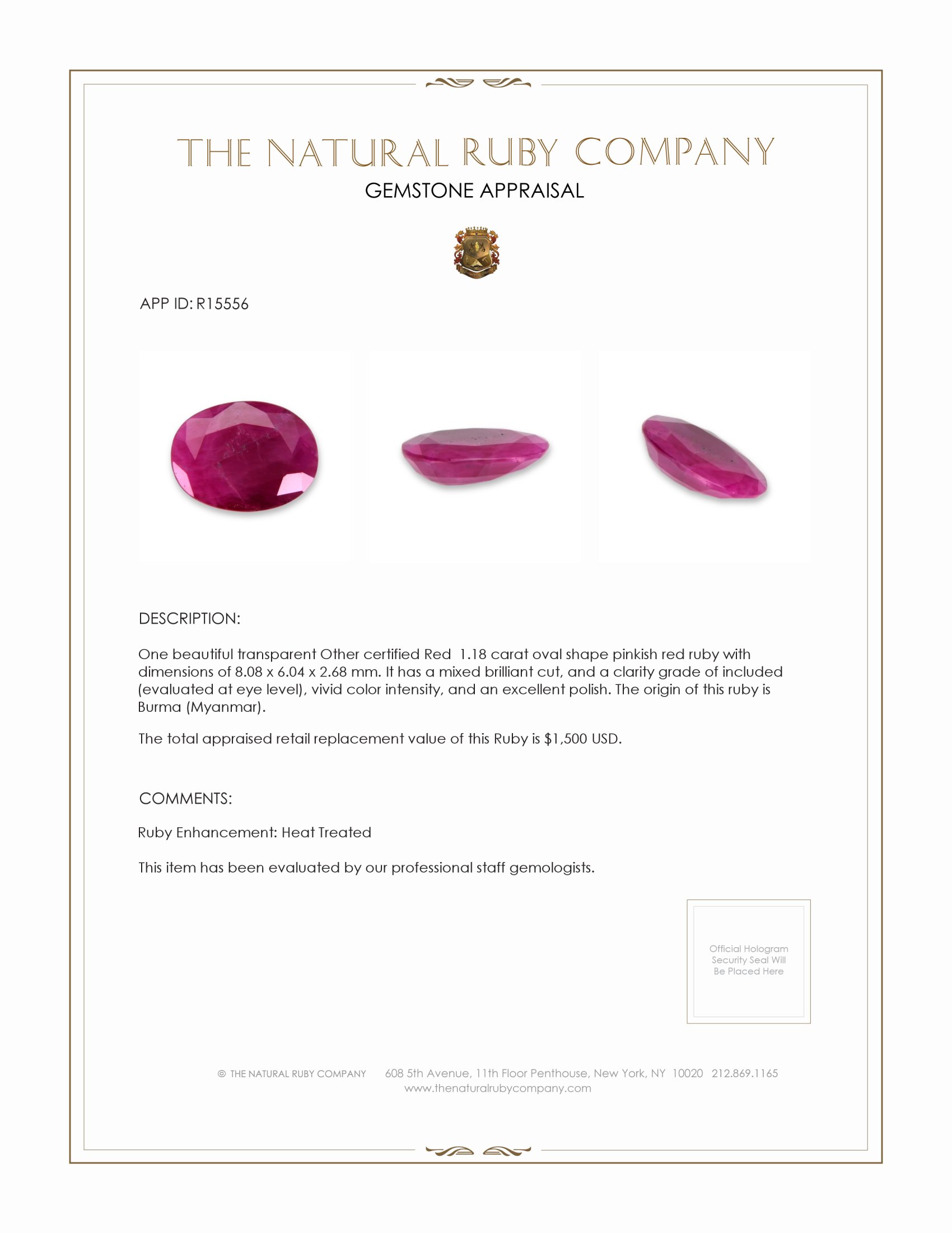 1.18 Ct. Ruby from Burma (Myanmar)