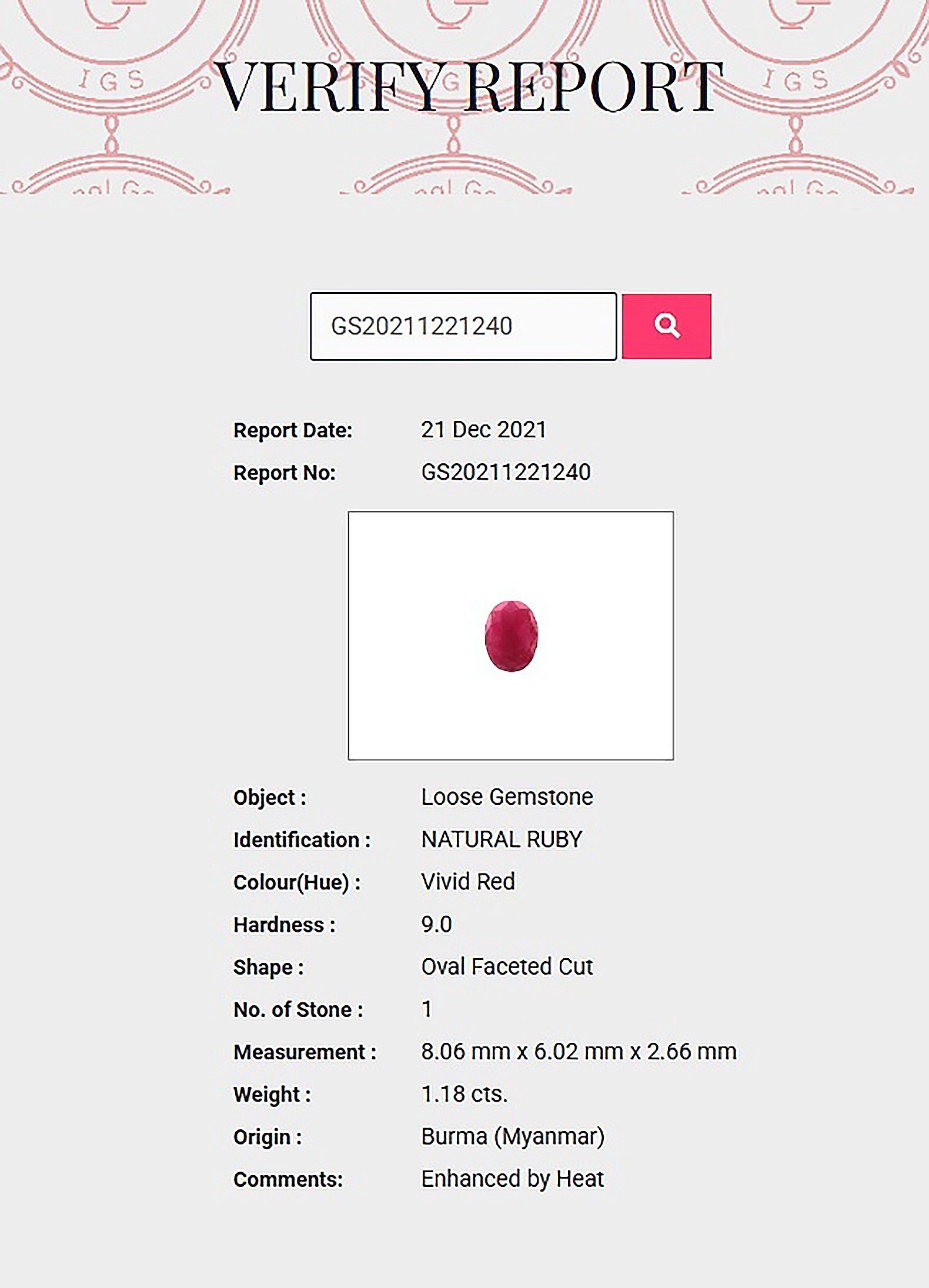 1.18 Ct. Ruby from Burma (Myanmar)