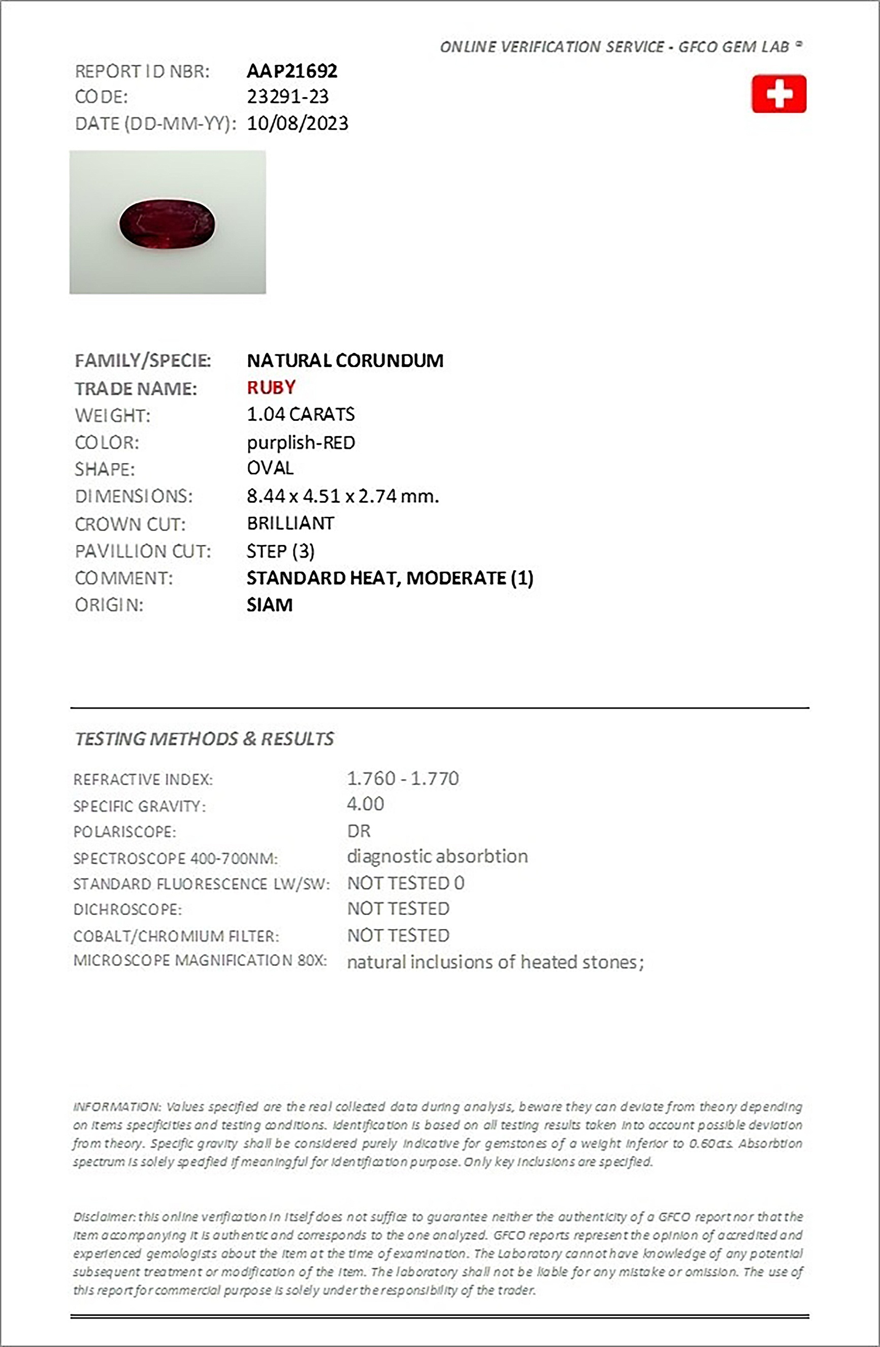 1.04 Ct. Ruby from Thailand