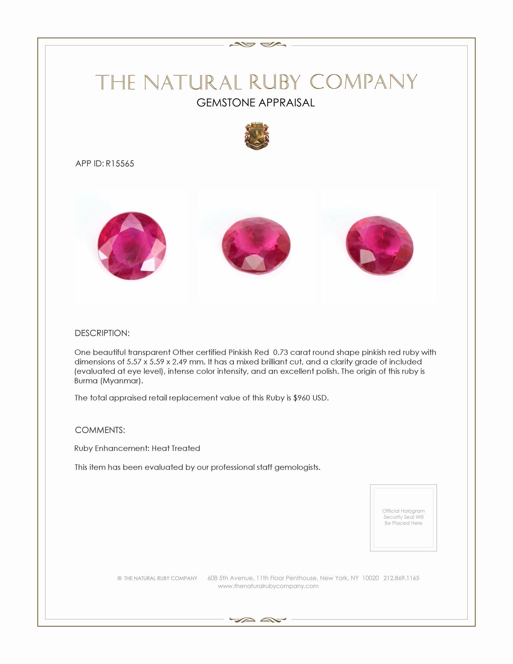 0.73 Ct. Pinkish Red Ruby from Burma (Myanmar)
