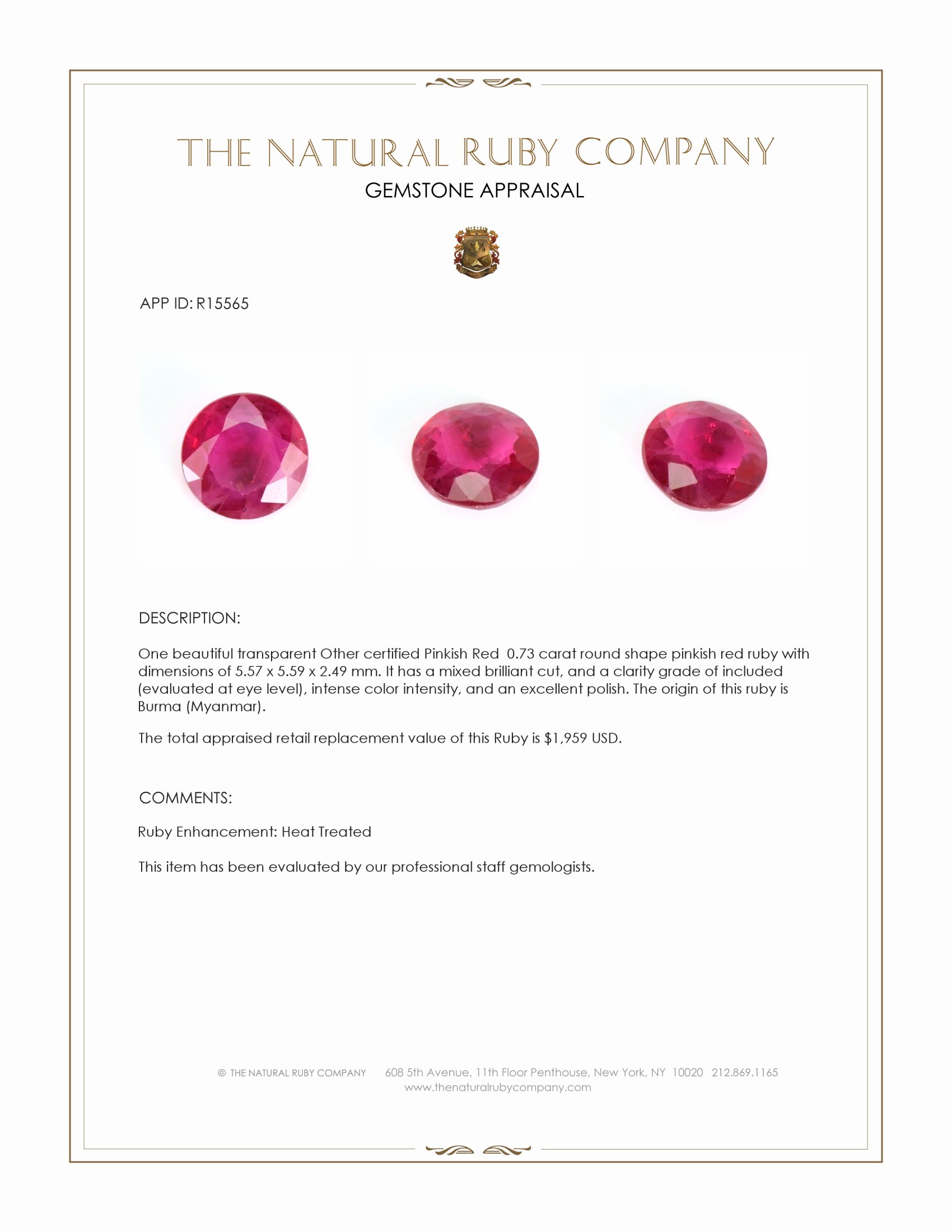 0.73 Ct. Pinkish Red Ruby from Burma (Myanmar)