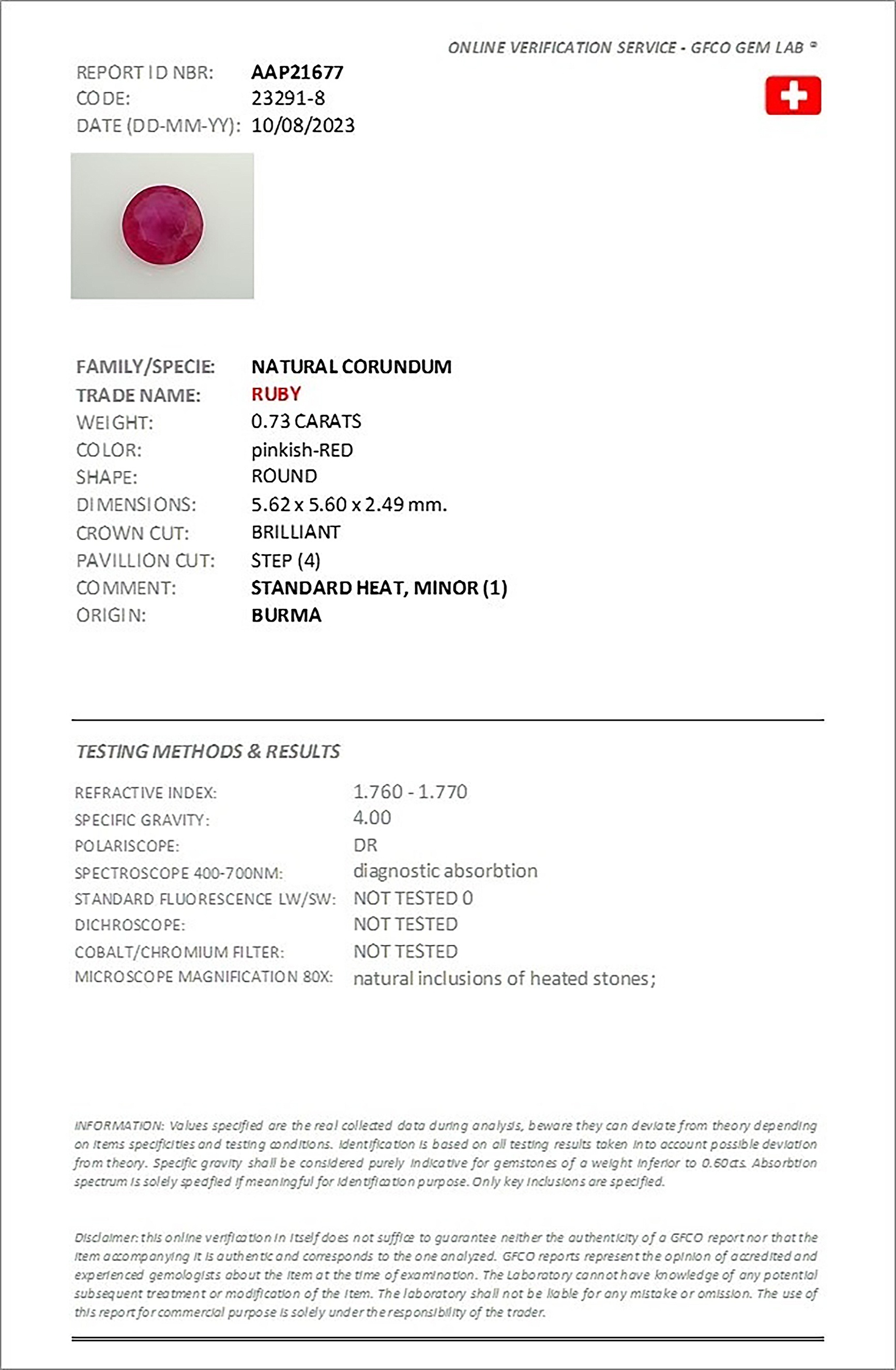 0.73 Ct. Ruby from Burma (Myanmar)