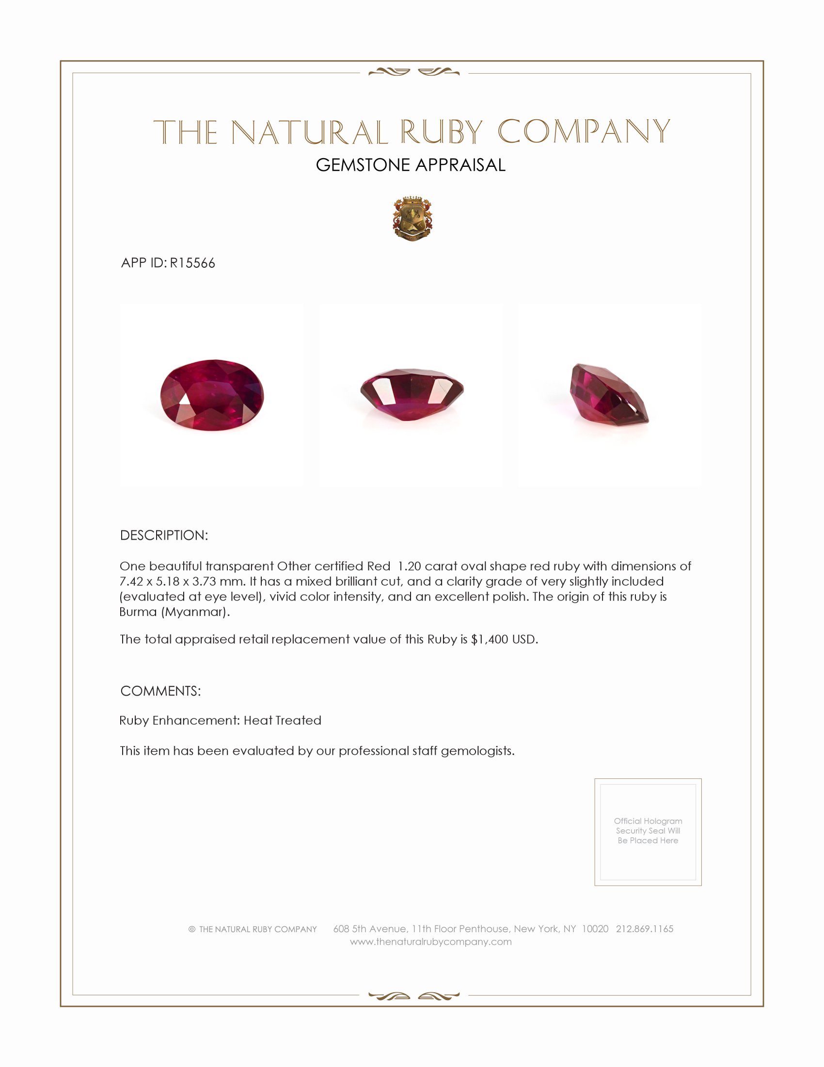 1.20 Ct. Ruby from Burma (Myanmar)