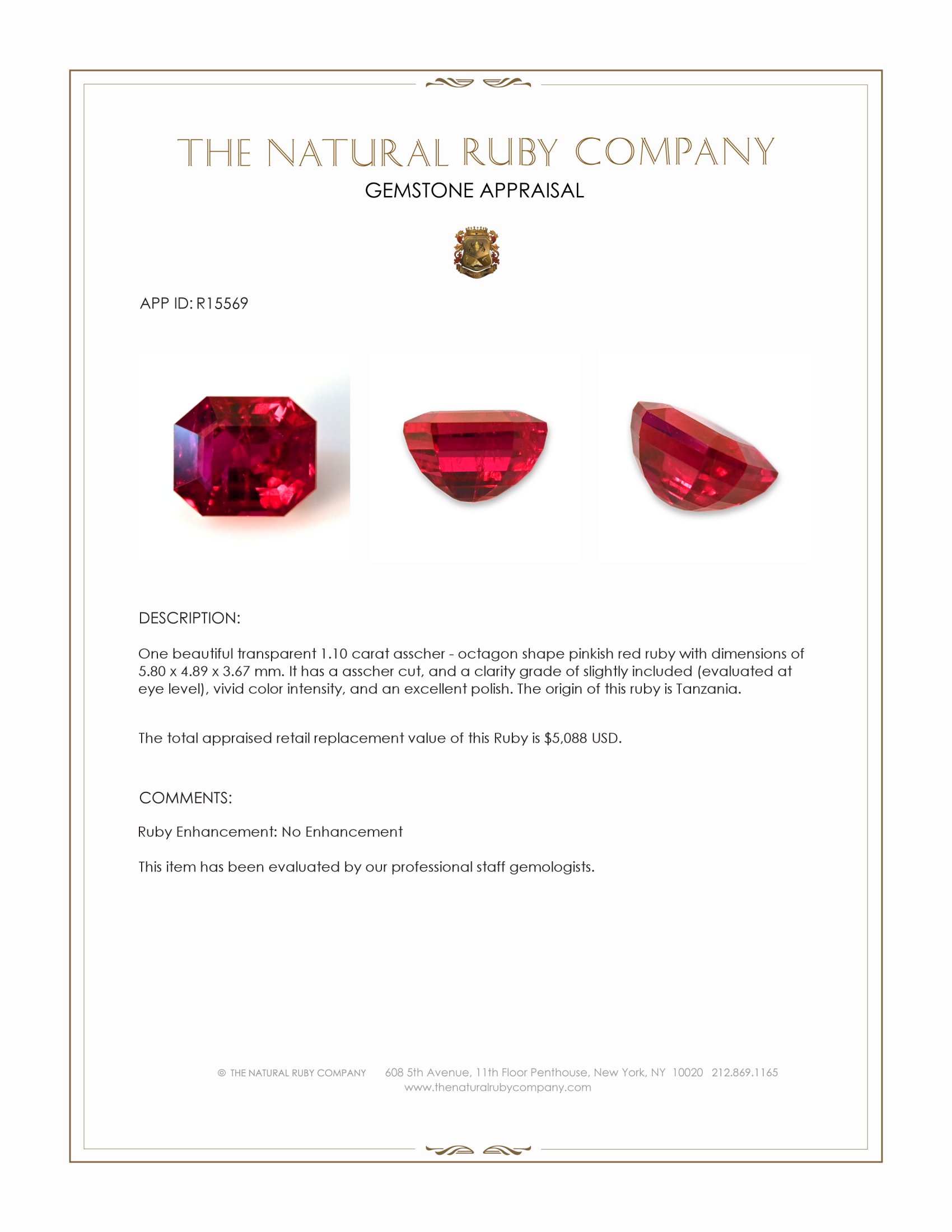 1.10 Ct. Pinkish Red Ruby from Tanzania
