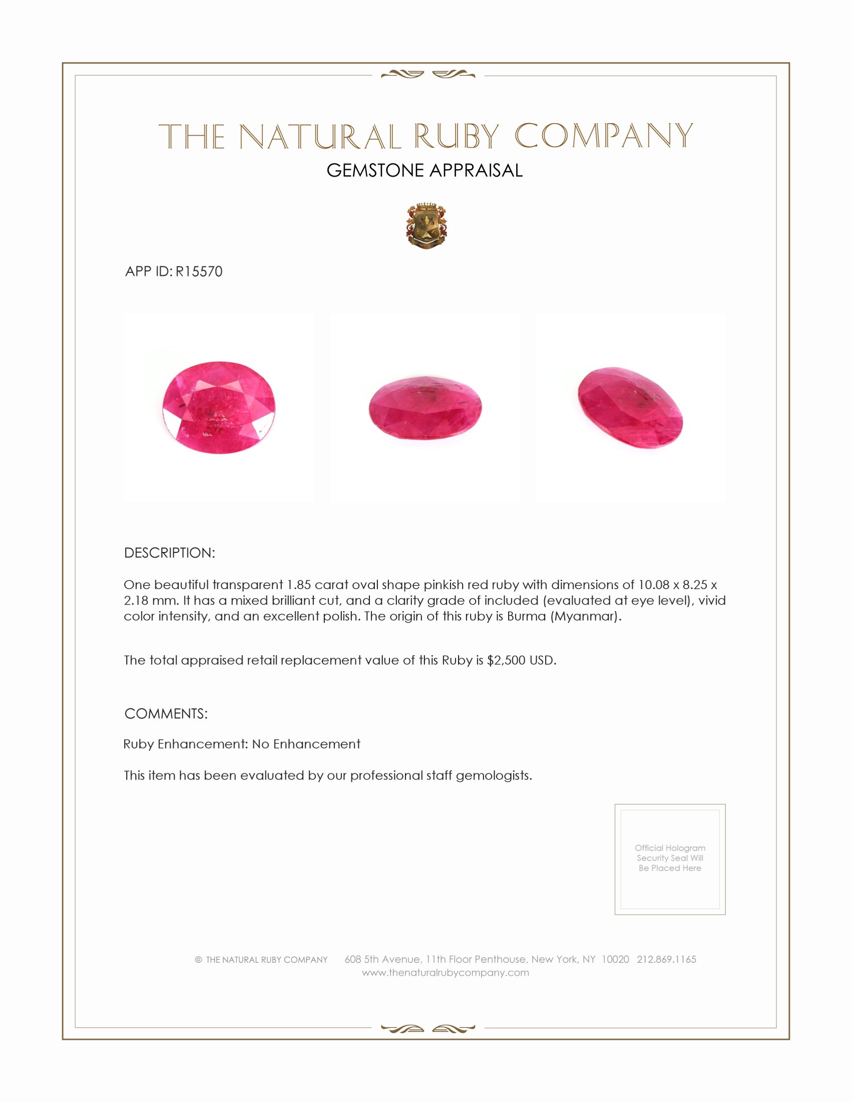 1.85 Ct. Ruby from Burma (Myanmar)