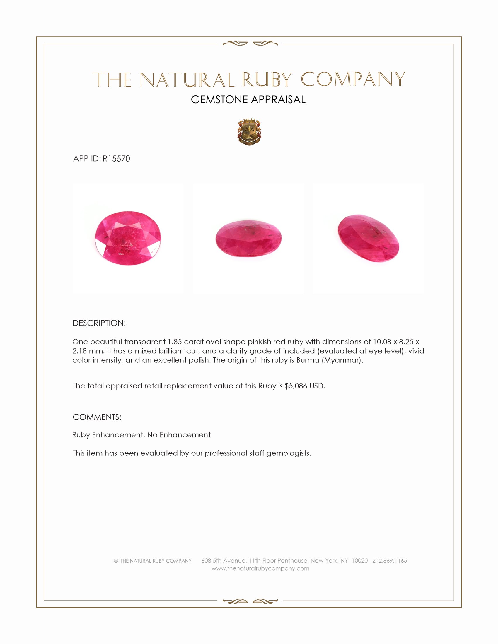 1.85 Ct. Pinkish Red Ruby from Burma (Myanmar)