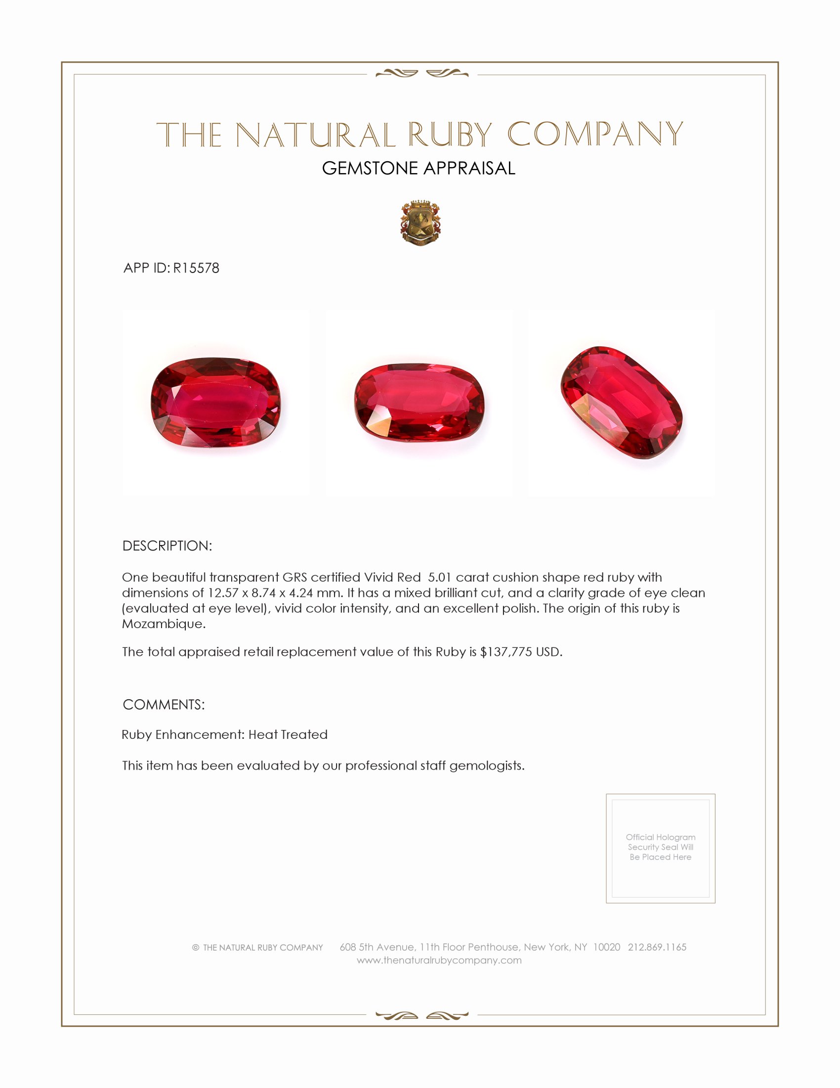 5.01 Ct. Ruby from Mozambique