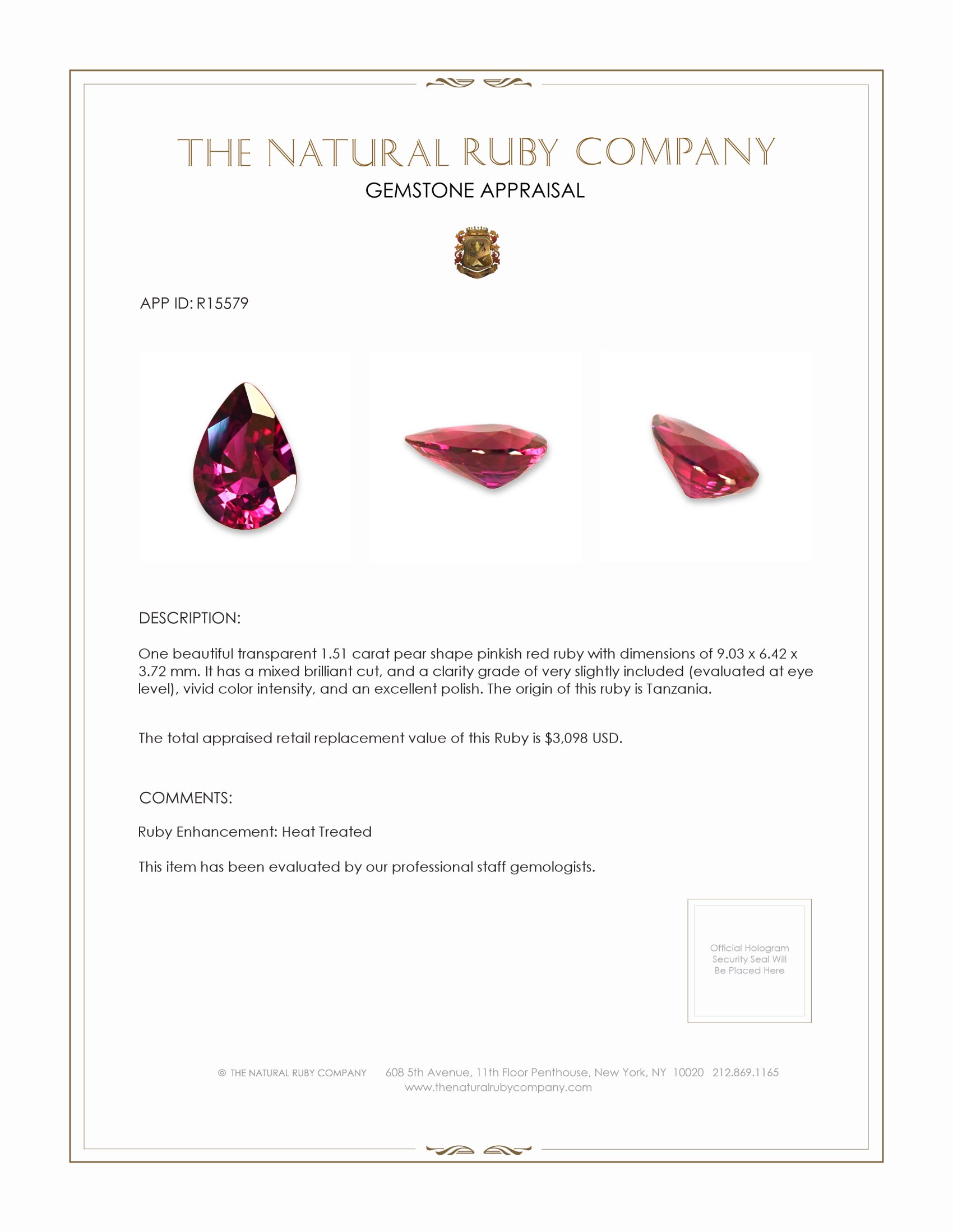 1.51 Ct. Ruby from Tanzania