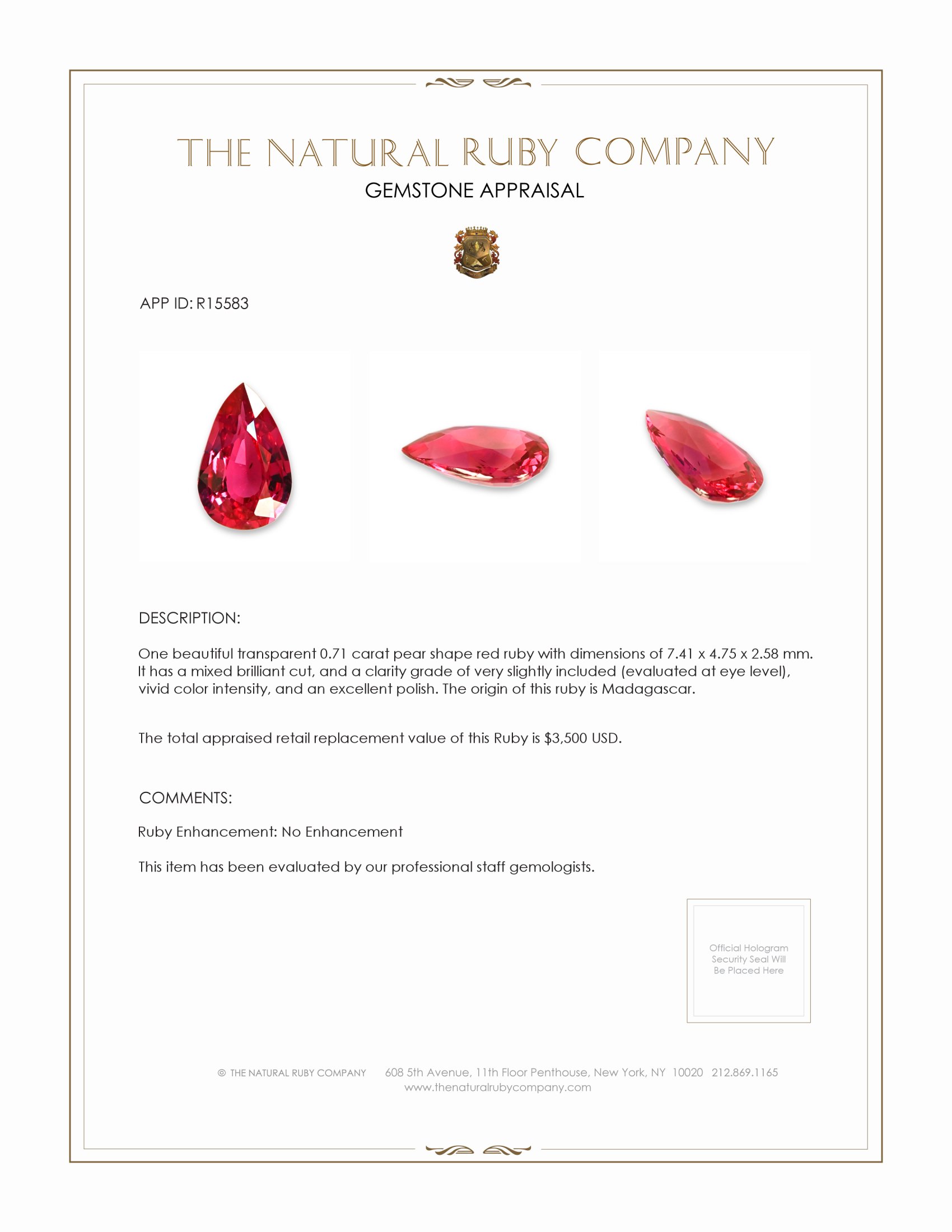 0.71 Ct. Orangish Red Ruby from Madagascar