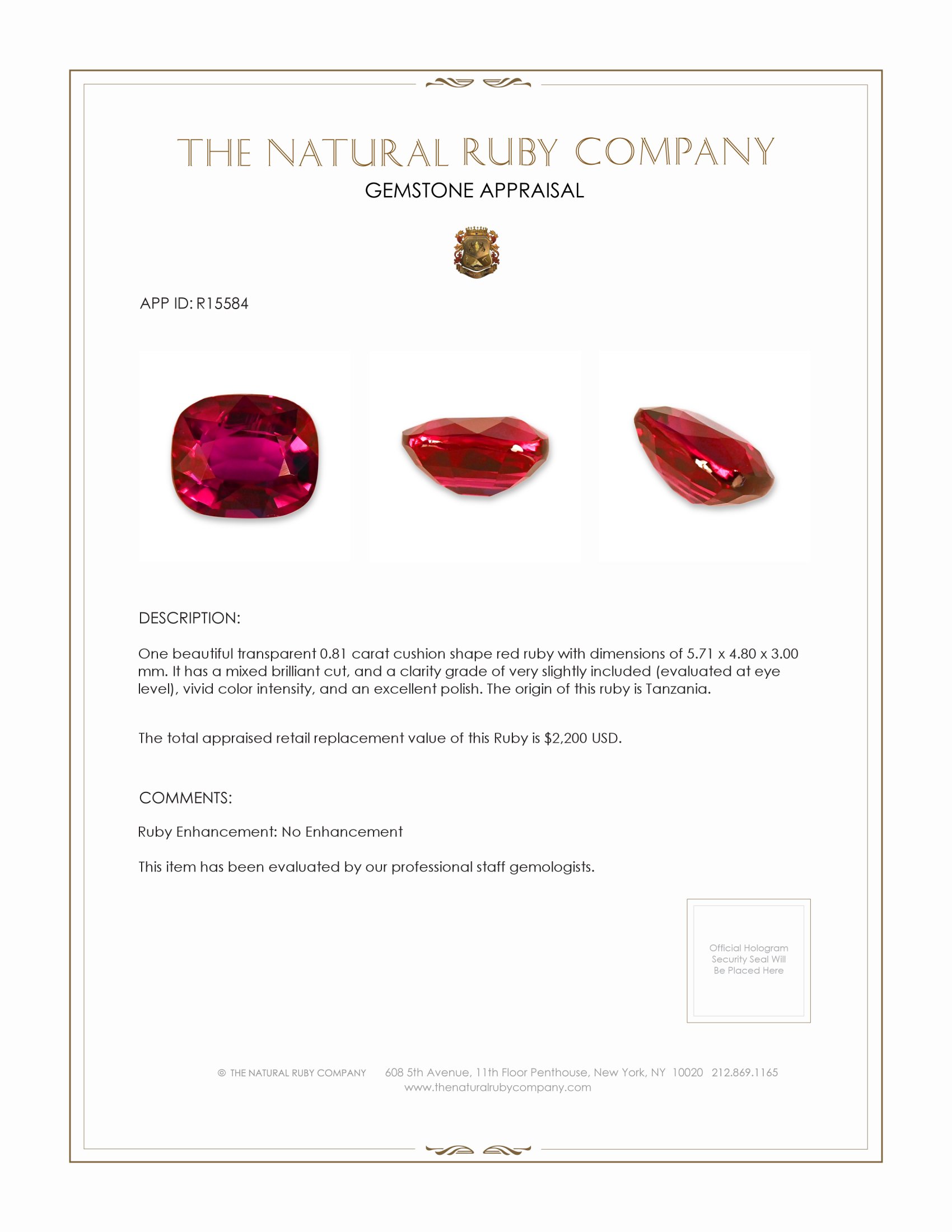 0.81 Ct. Ruby from Tanzania