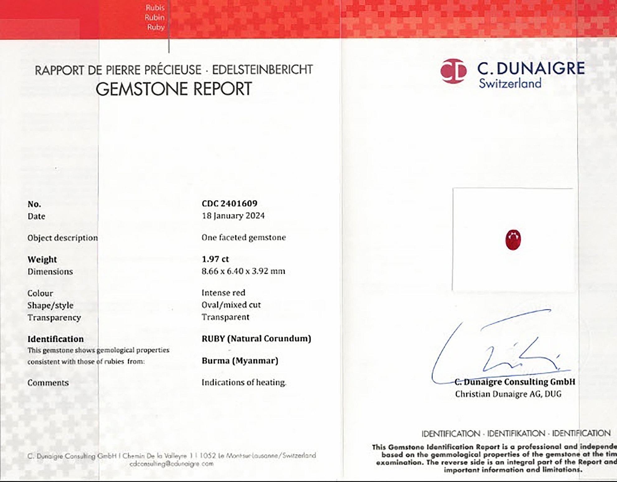 1.97 Ct. Ruby from Burma (Myanmar)