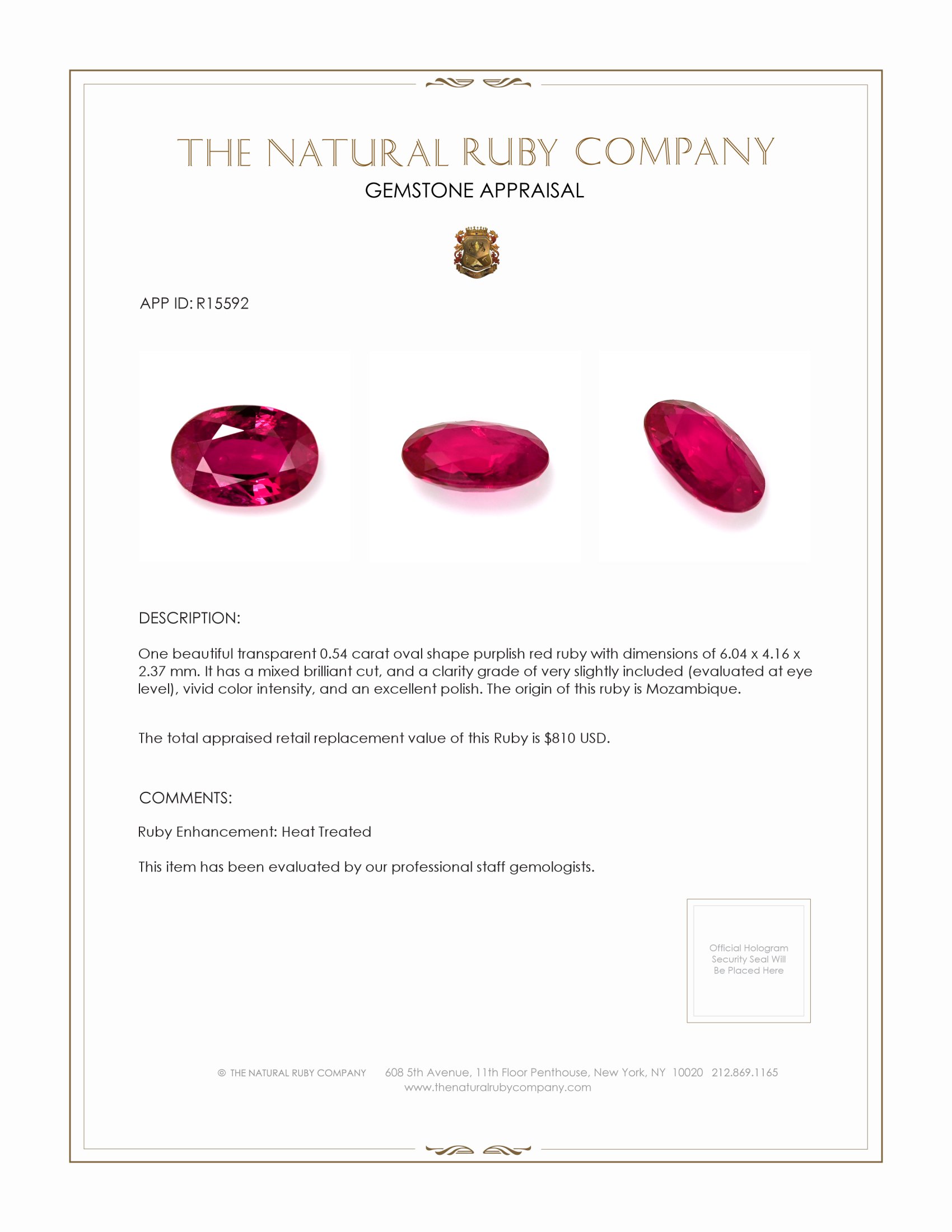 0.54 Ct. Purplish Red Ruby from Mozambique