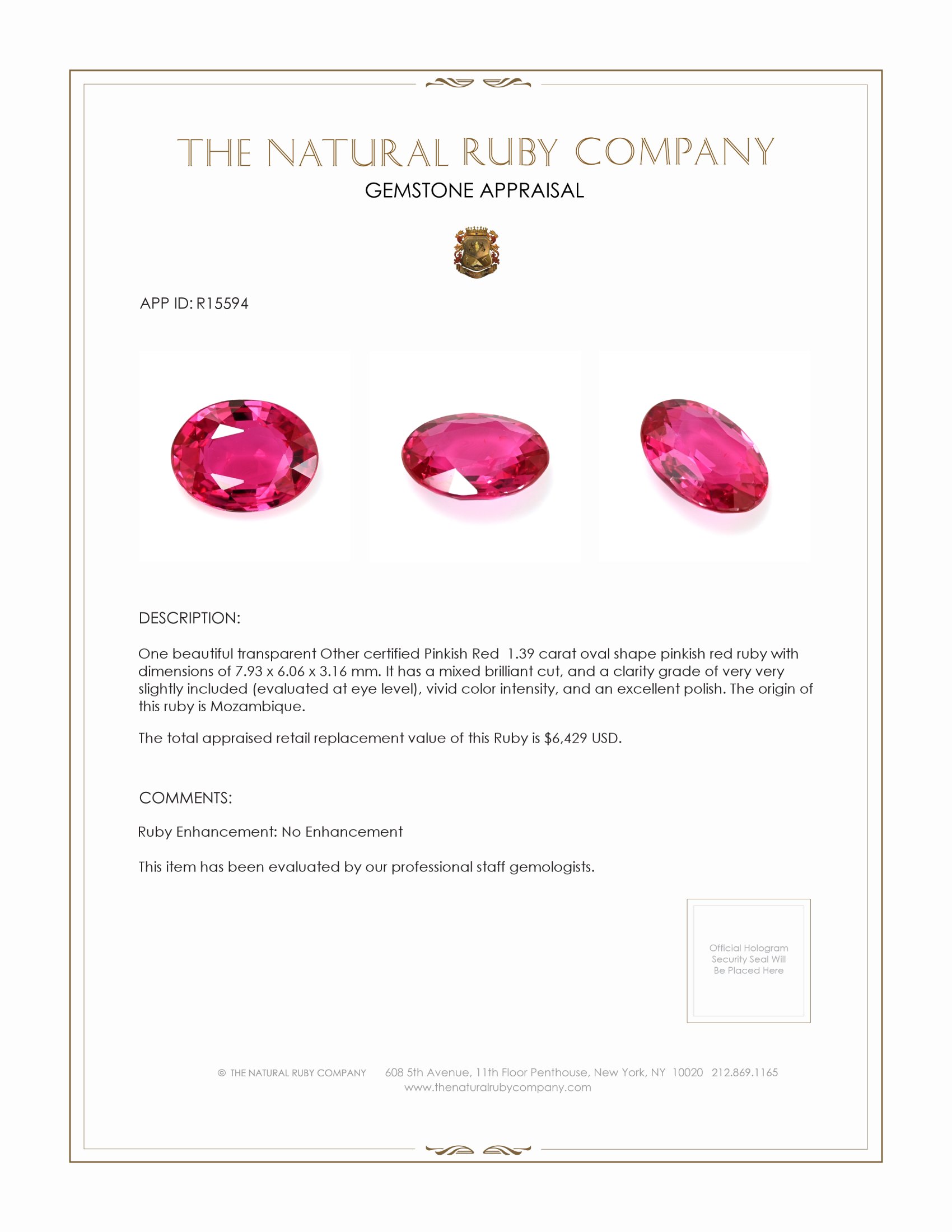 1.39 Ct. Ruby from Mozambique