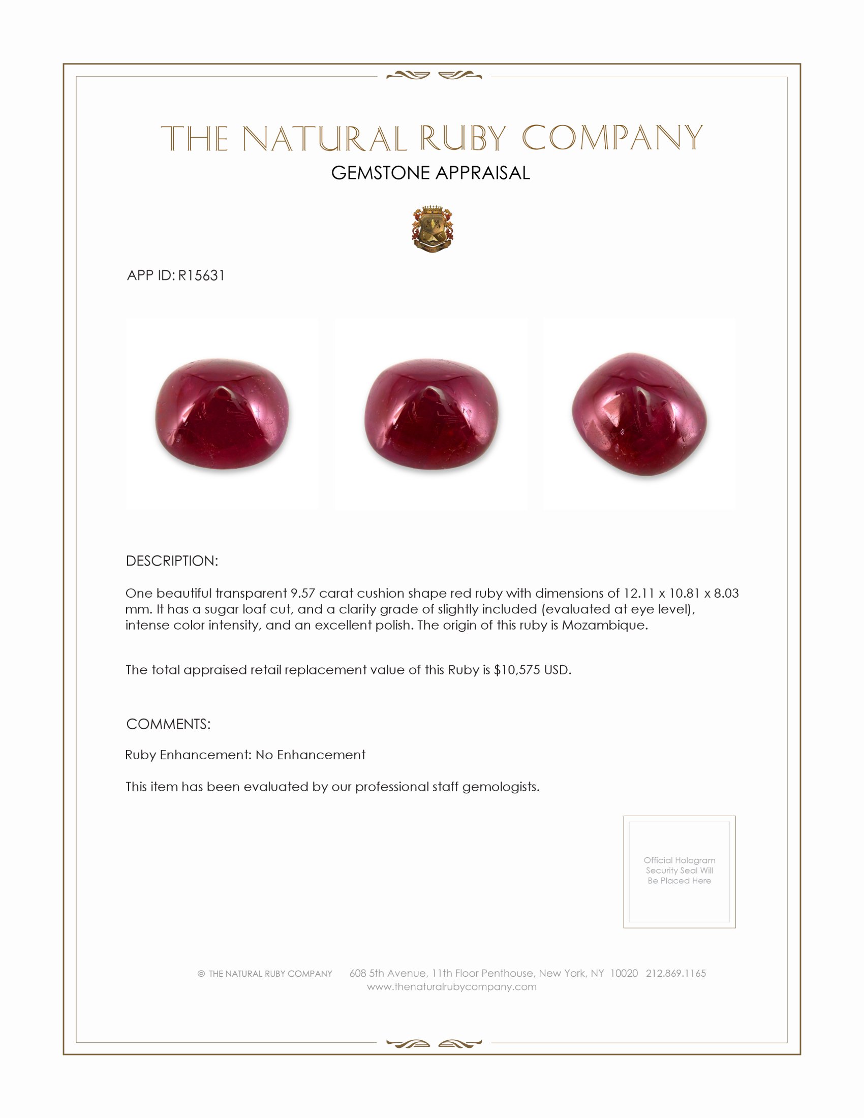 9.57 Ct. Cabochon Ruby from Mozambique