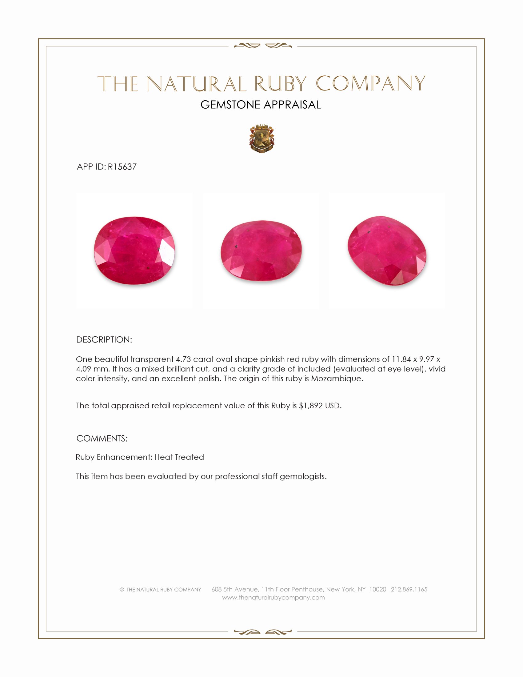 4.73 Ct. Pinkish Red Ruby from Mozambique