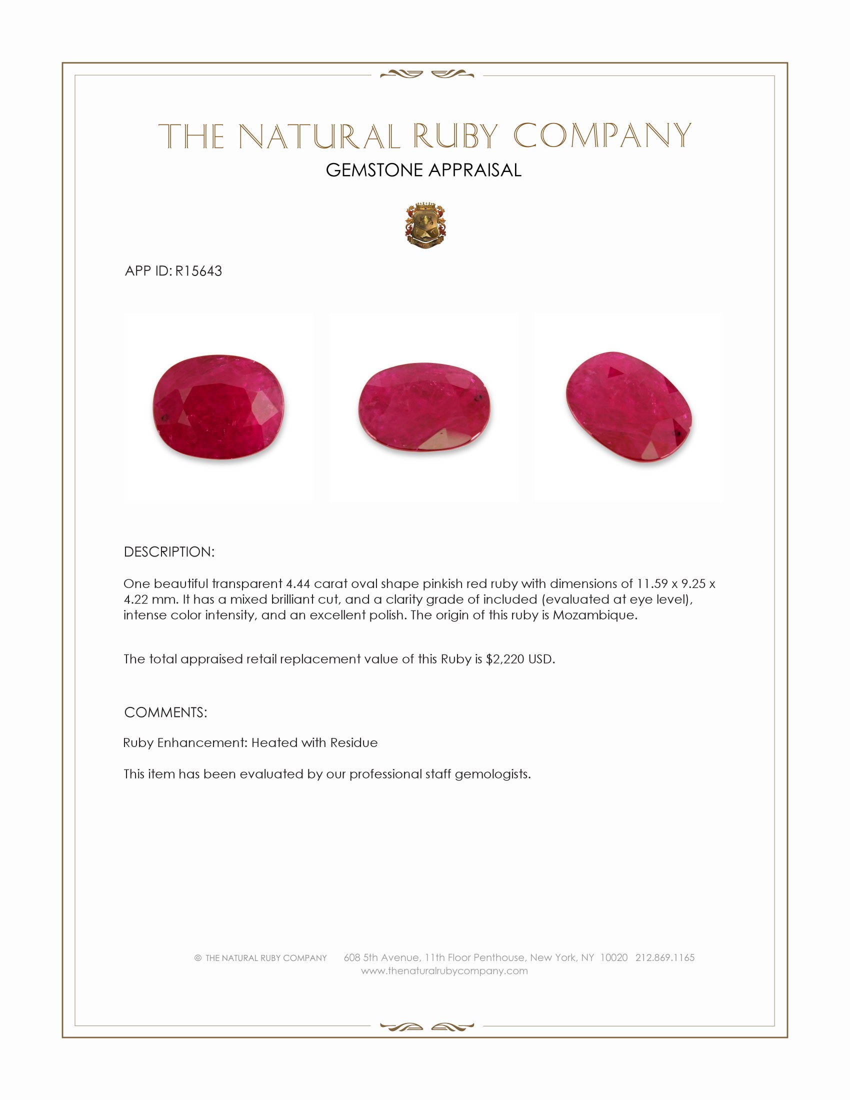 4.44 Ct. Pinkish Red Ruby from Mozambique