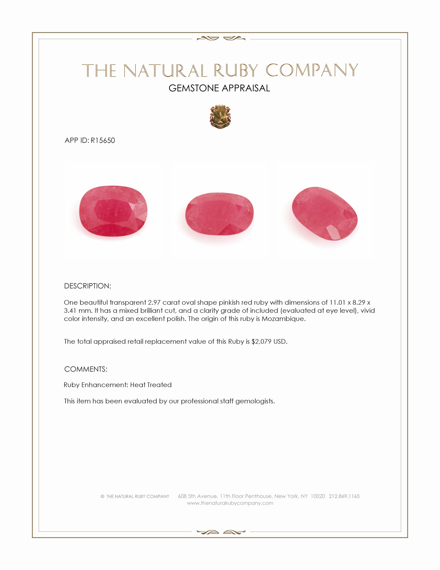 2.97 Ct. Pinkish Red Ruby from Mozambique