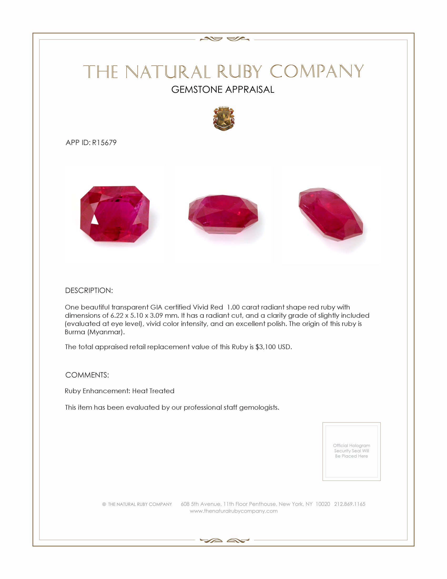 1.00 Ct. Ruby from Burma (Myanmar)