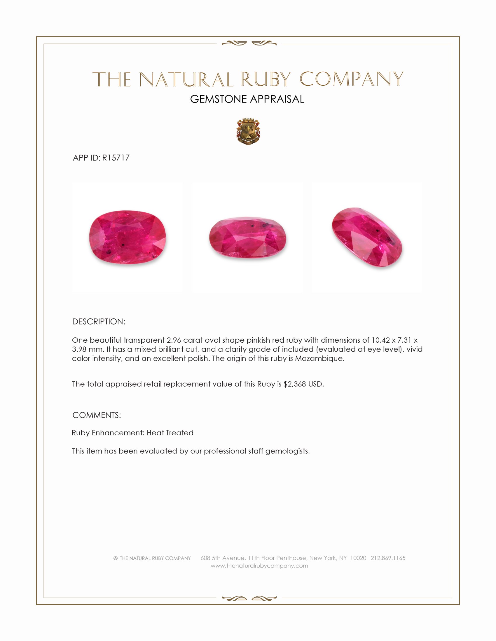 2.96 Ct. Pinkish Red Ruby from Mozambique