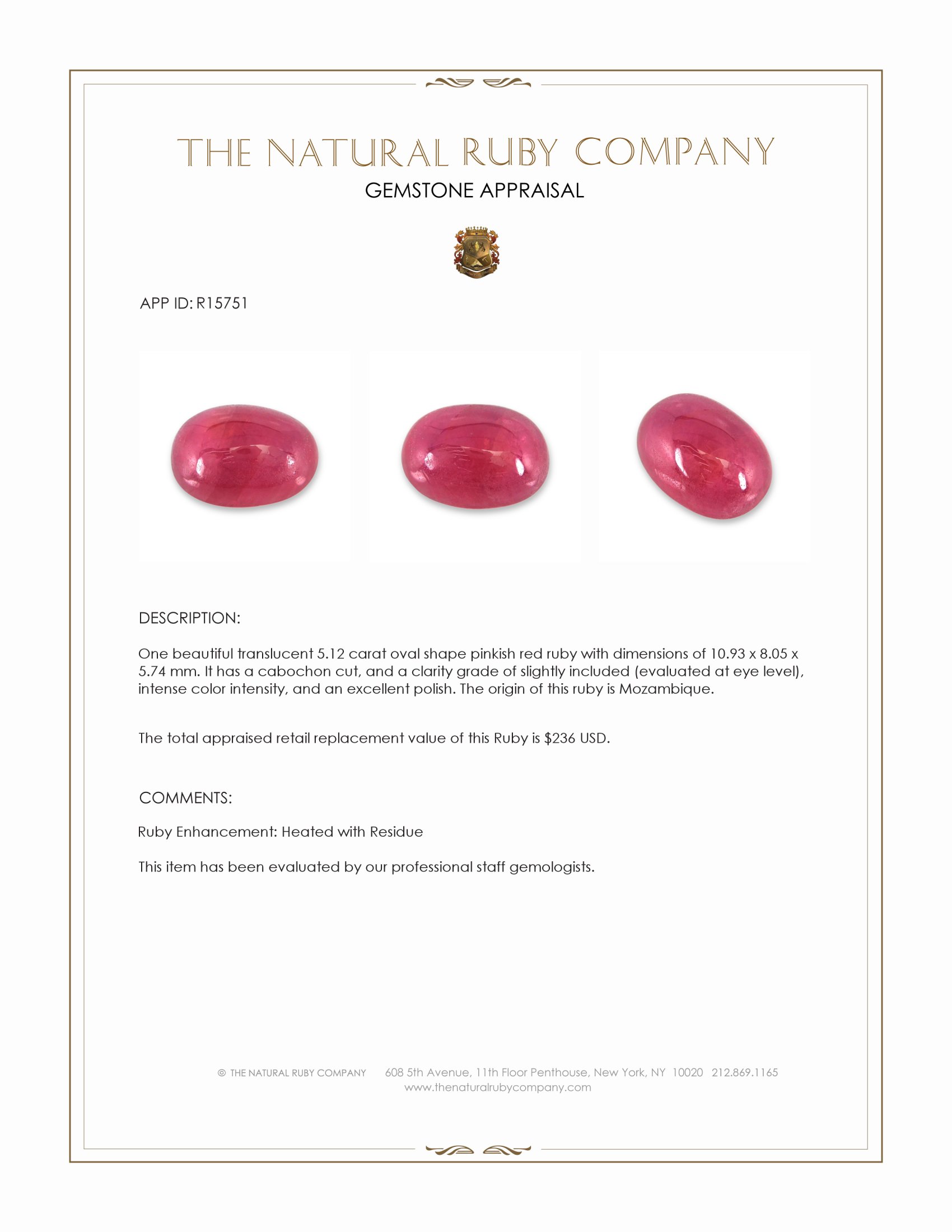 5.12 Ct. Pinkish Red Cabochon Ruby from Mozambique