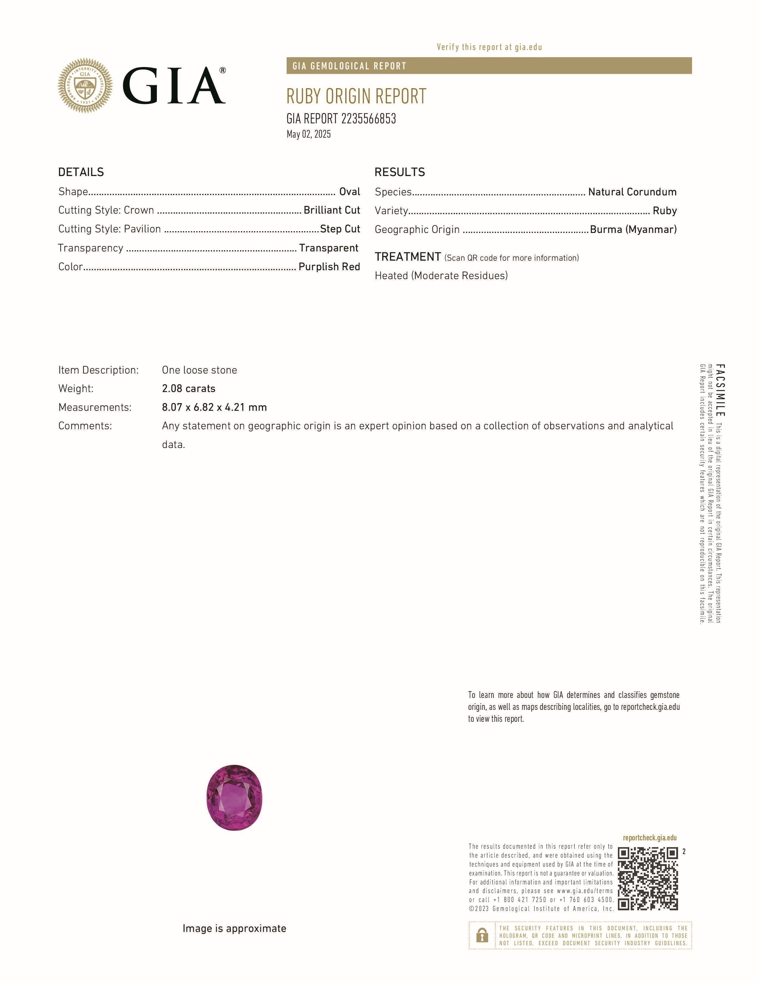 2.08 Ct. Purplish Red Ruby from Burma (Myanmar)