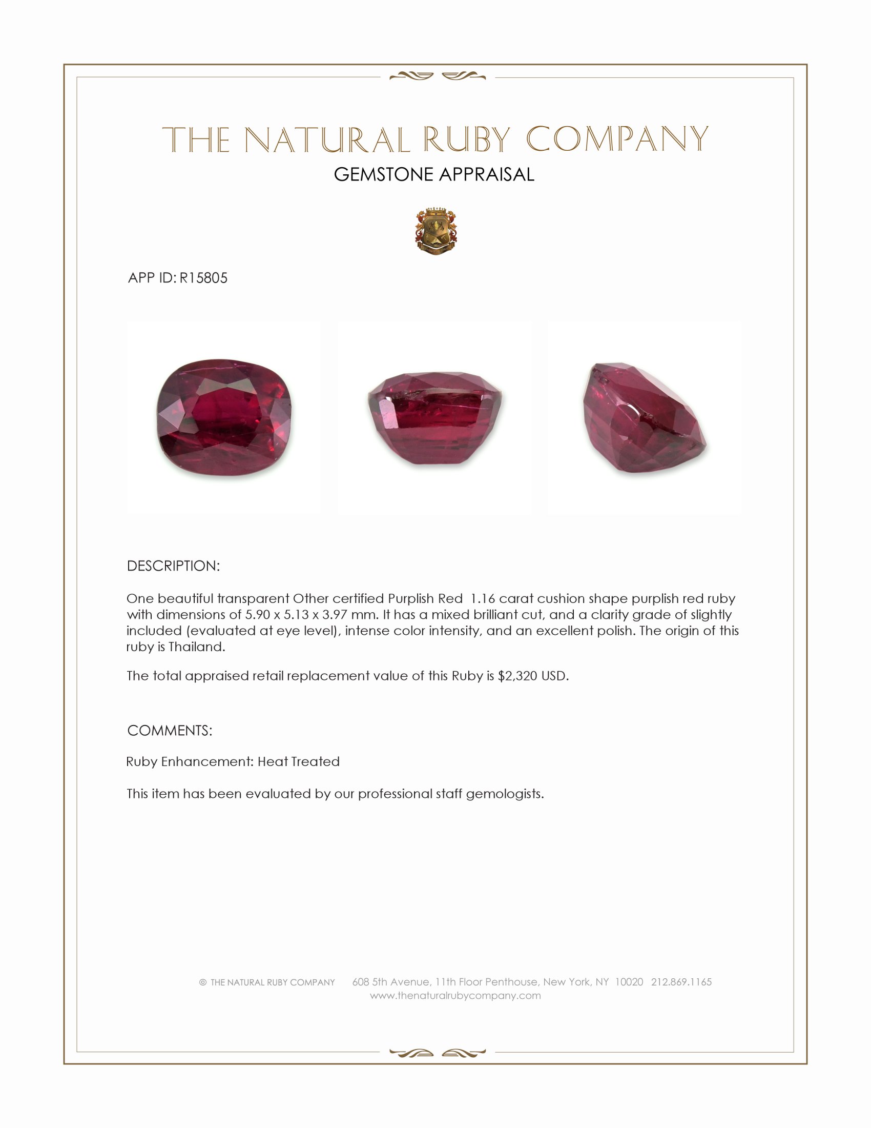 1.16 Ct. Purplish Red Ruby from Thailand