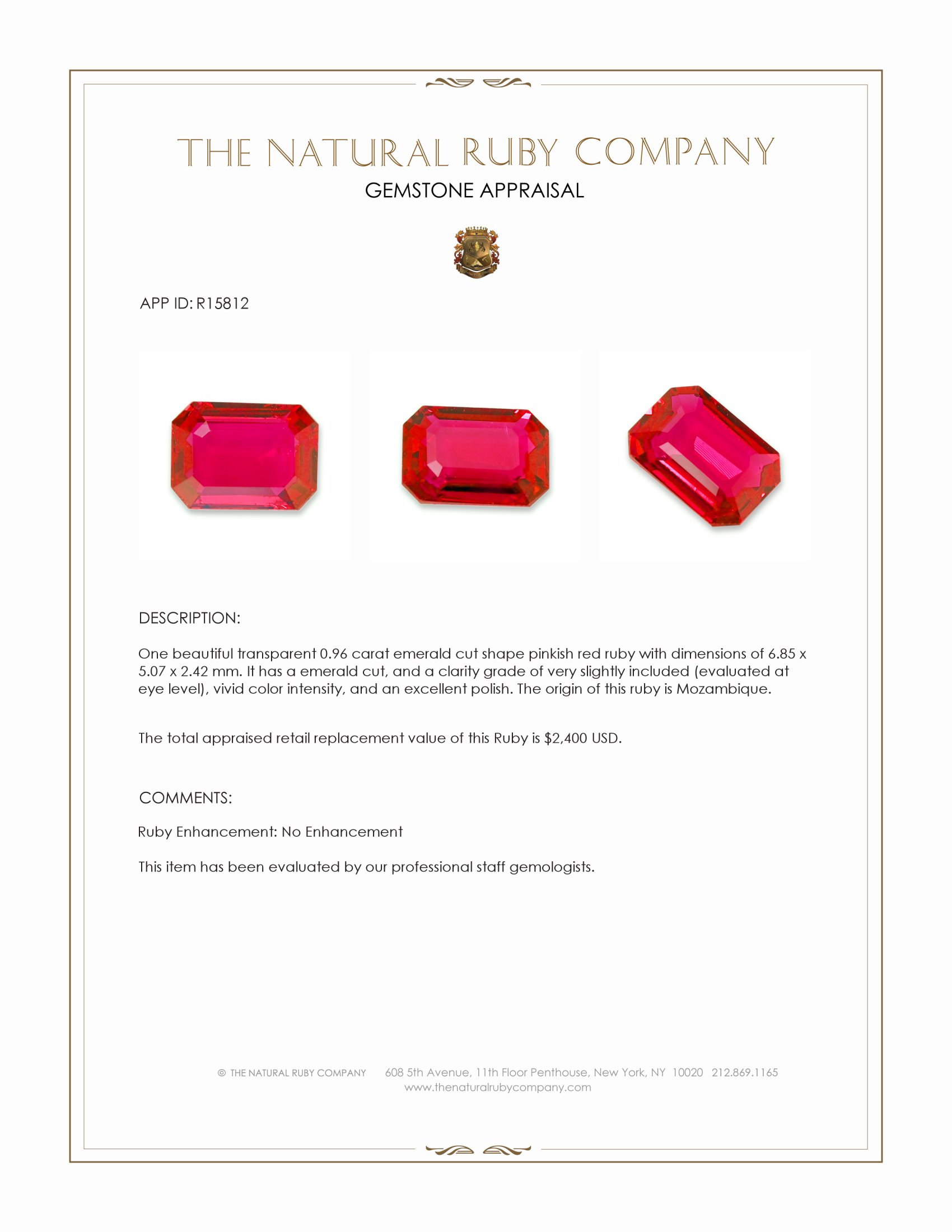 0.96 Ct. Pinkish Red Ruby from Mozambique
