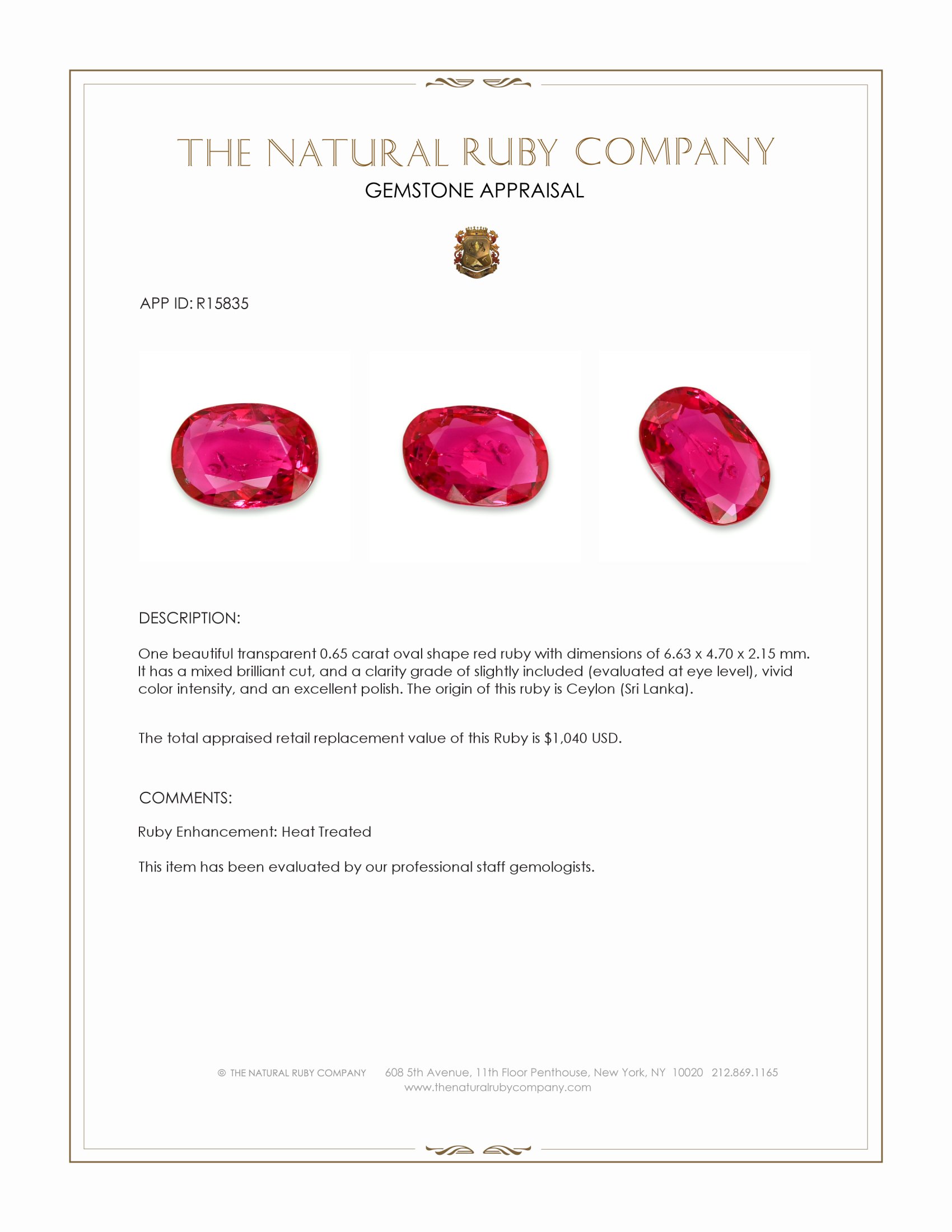 0.65 Ct. Ruby from Ceylon (Sri Lanka)