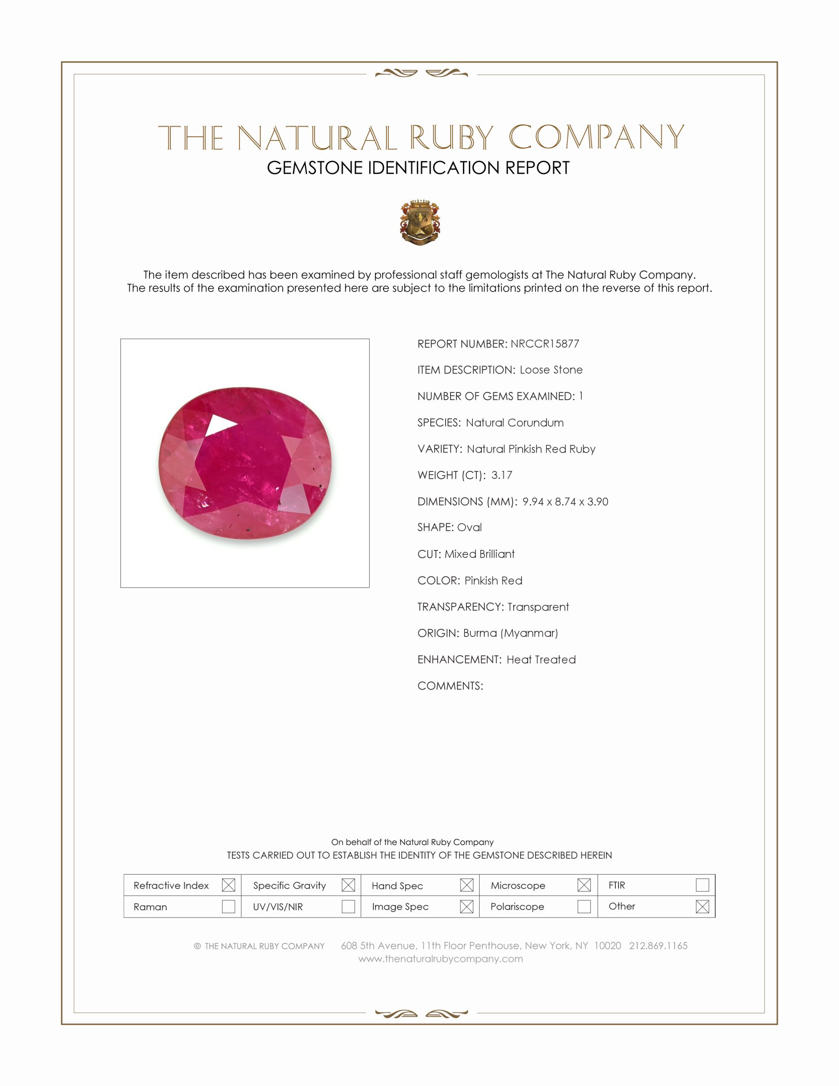 3.17 Ct. Pinkish Red Ruby from Burma (Myanmar)