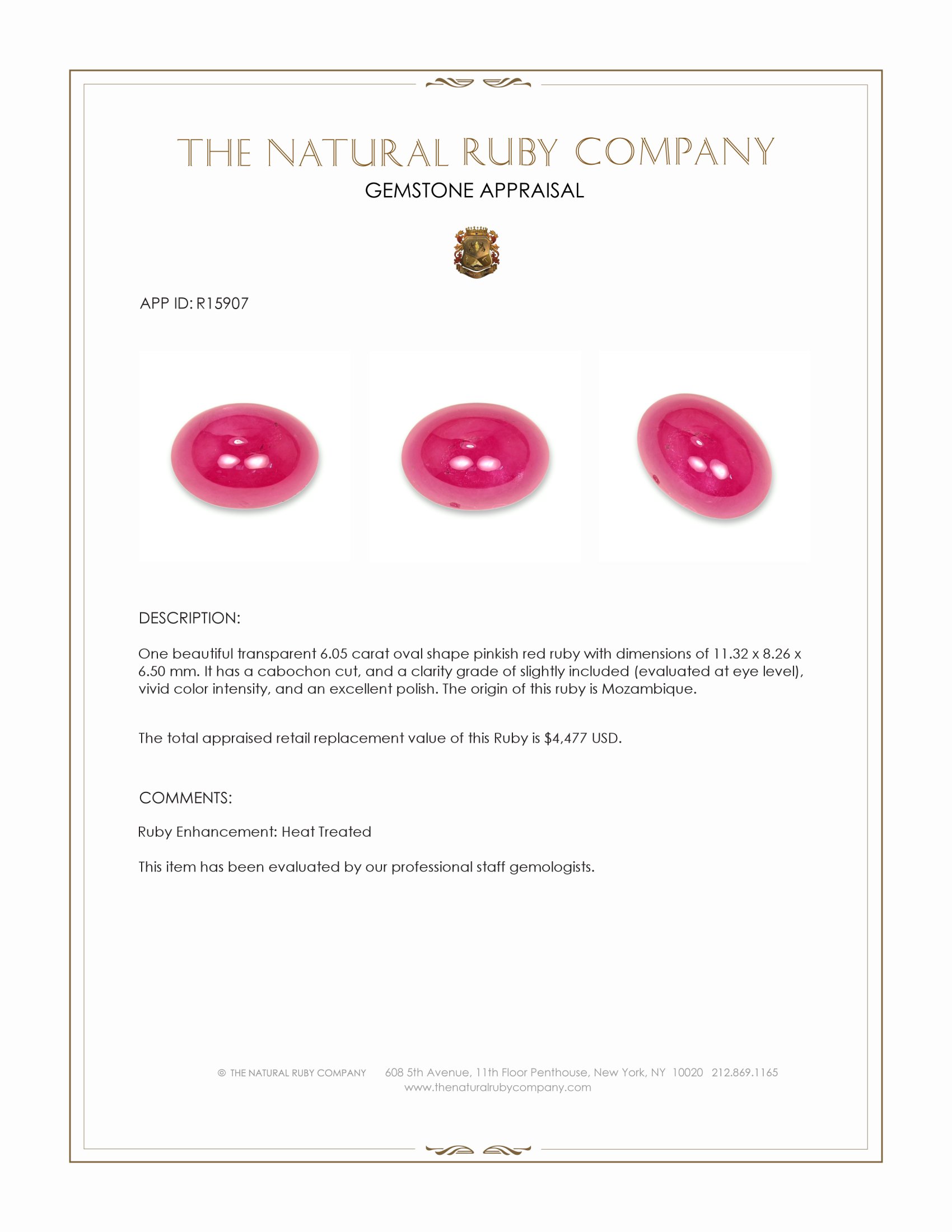6.05 Ct. Pinkish Red Cabochon Ruby from Mozambique