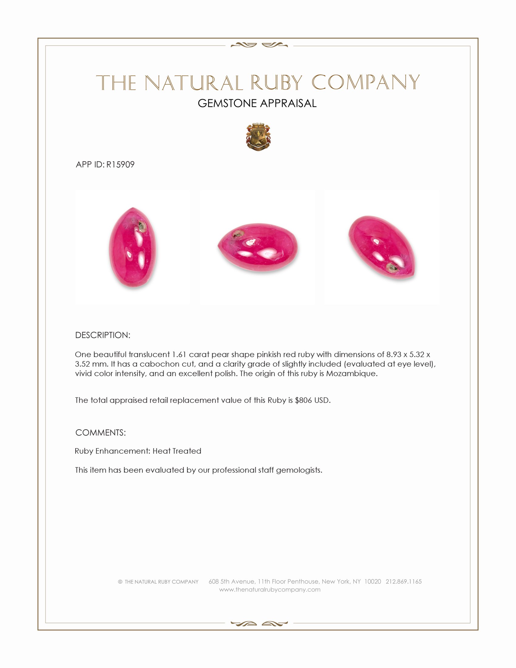 1.61 Ct. Pinkish Red Cabochon Ruby from Mozambique