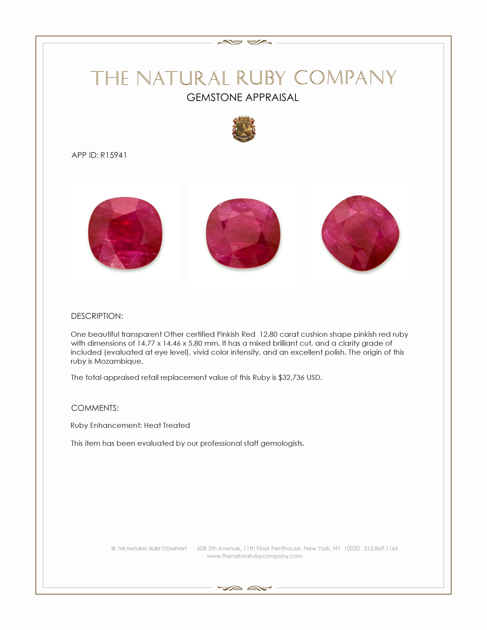 12.80 Ct. Pinkish Red Ruby from Mozambique