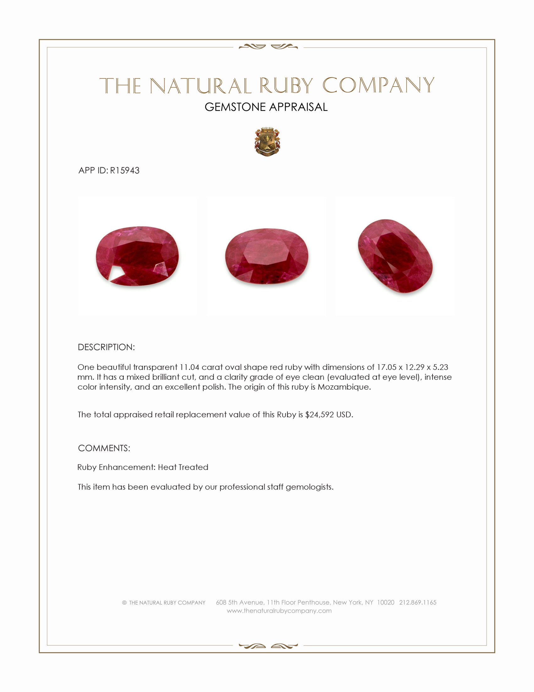 11.04 Ct. Pinkish Red Ruby from Mozambique