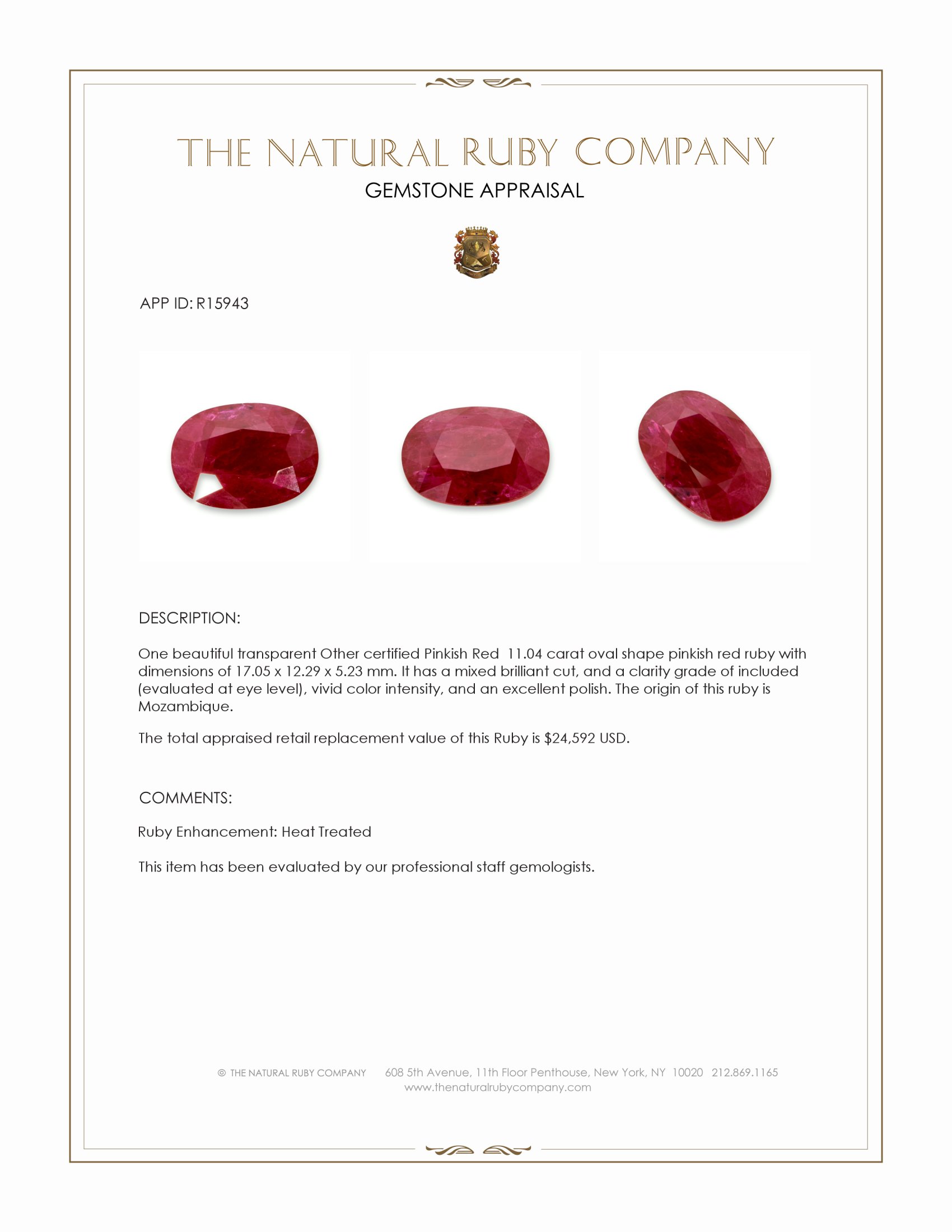 11.04 Ct. Pinkish Red Ruby from Mozambique