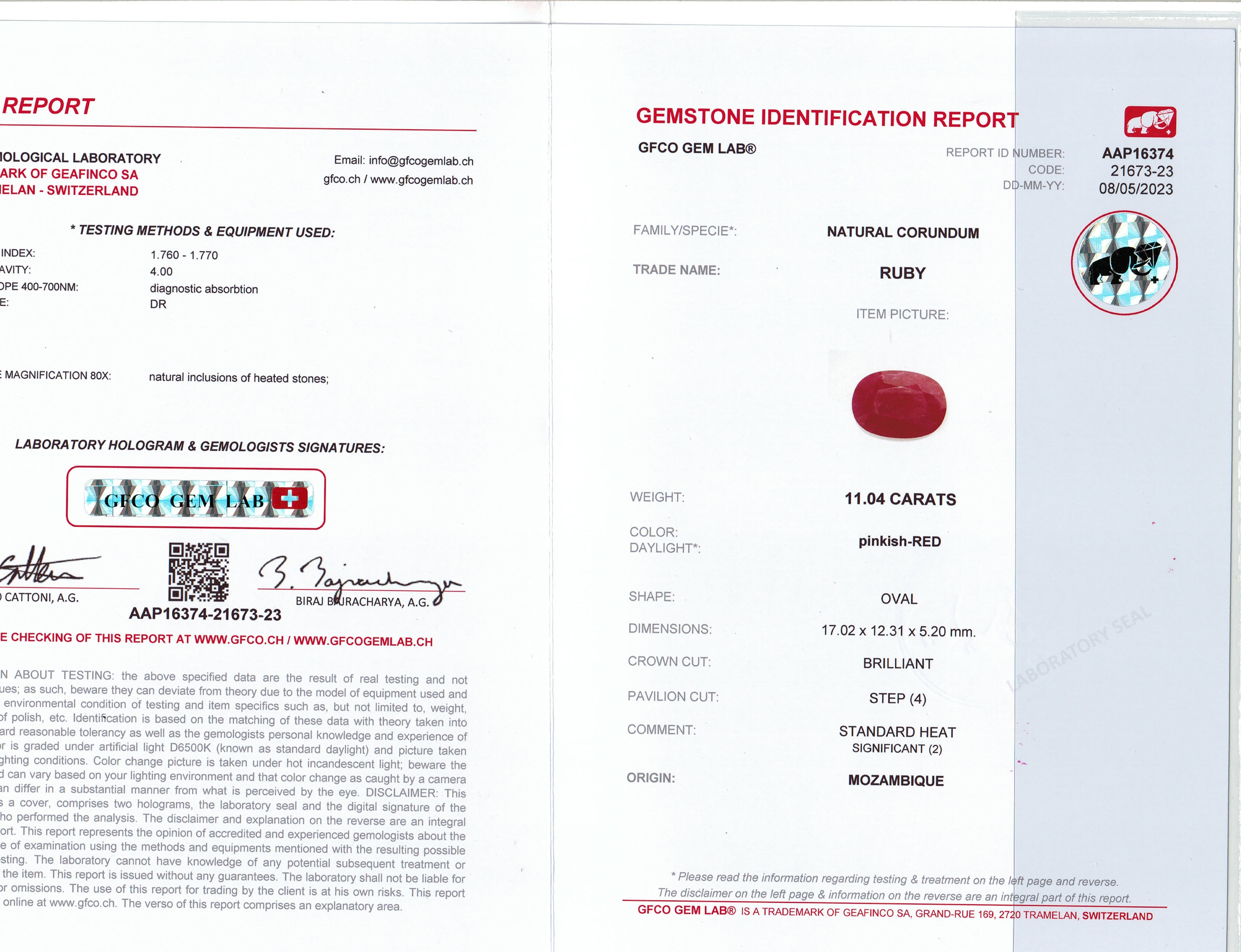 11.04 Ct. Pinkish Red Ruby from Mozambique