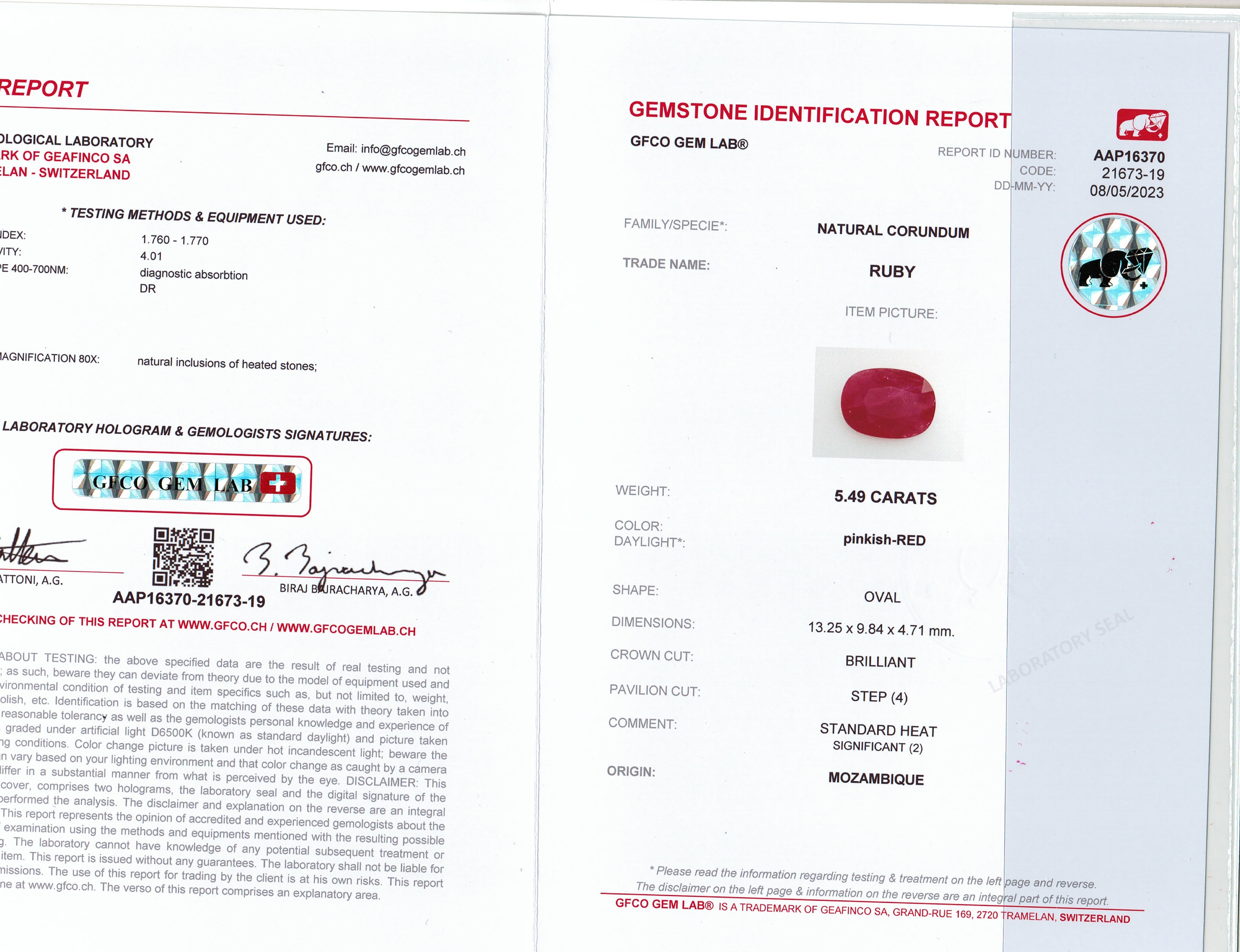 5.49 Ct. Pinkish Red Ruby from Mozambique
