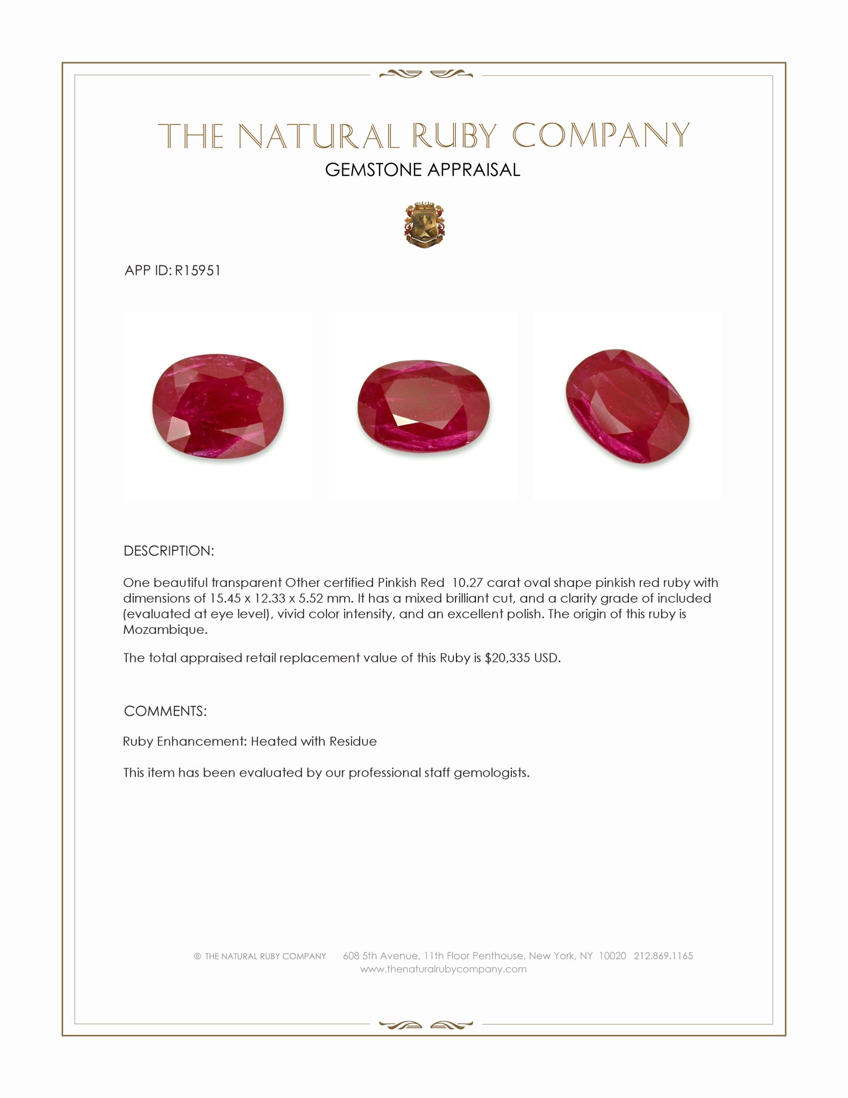 10.27 Ct. Pinkish Red Ruby from Mozambique