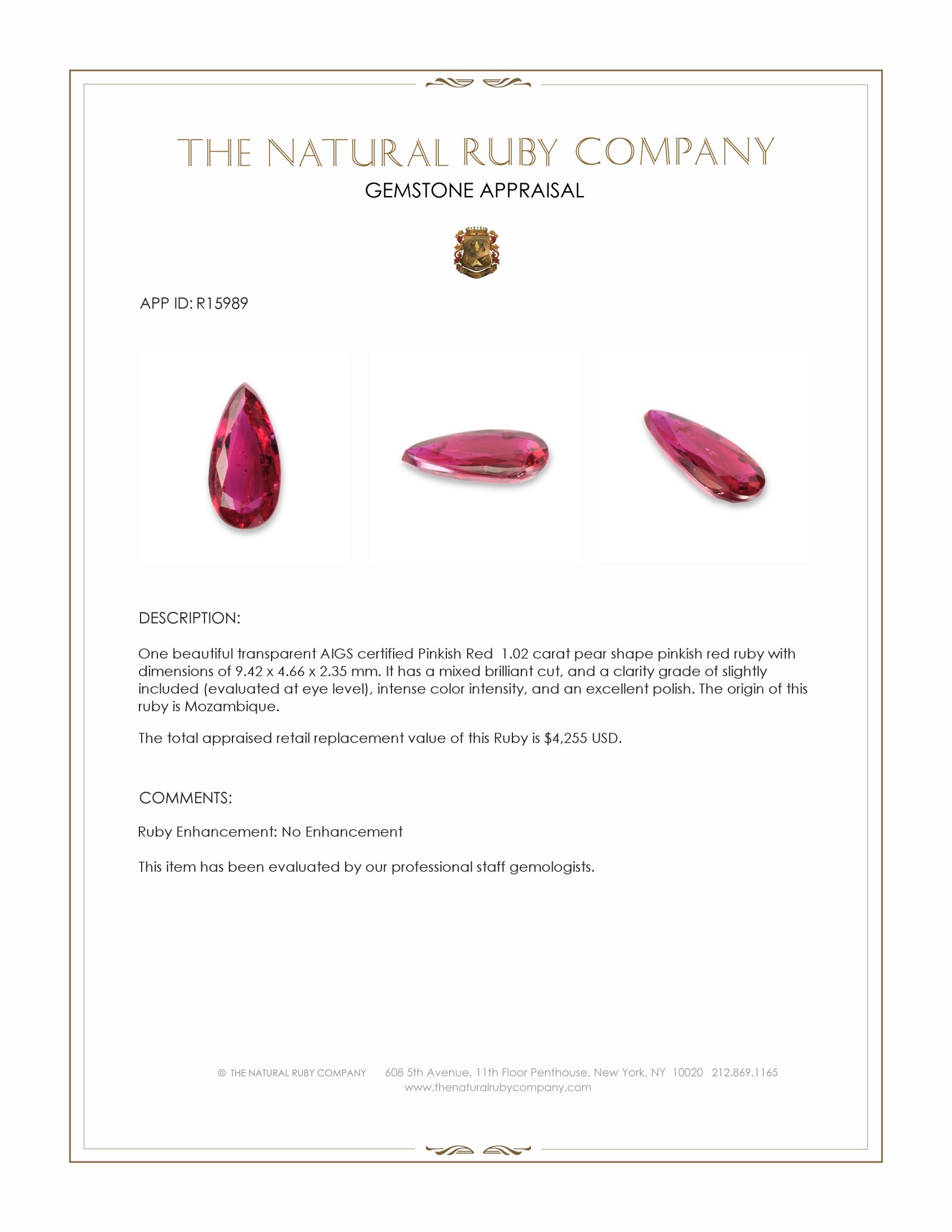 1.02 Ct. Pinkish Red Ruby from Mozambique