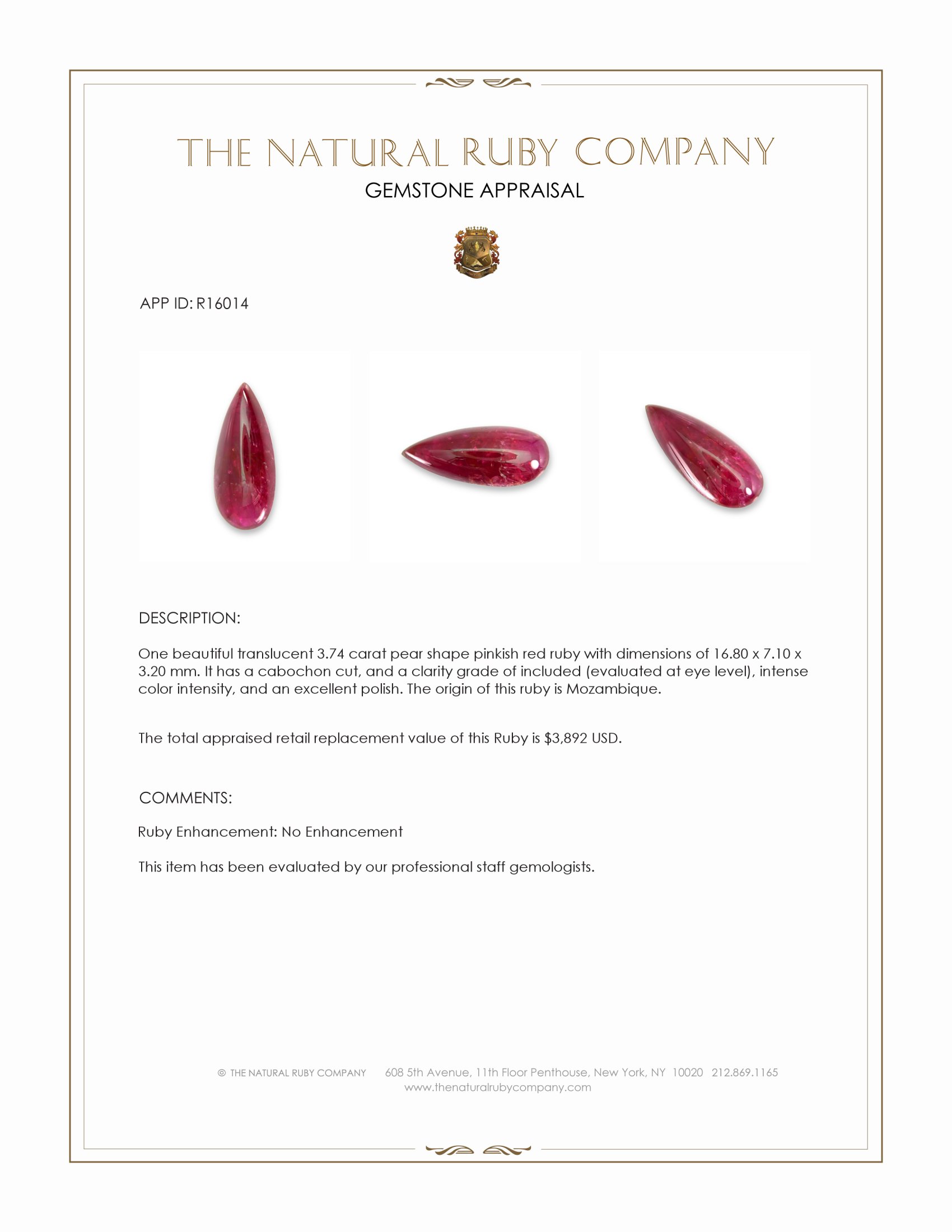 3.74 Ct. Cabochon Ruby from Mozambique